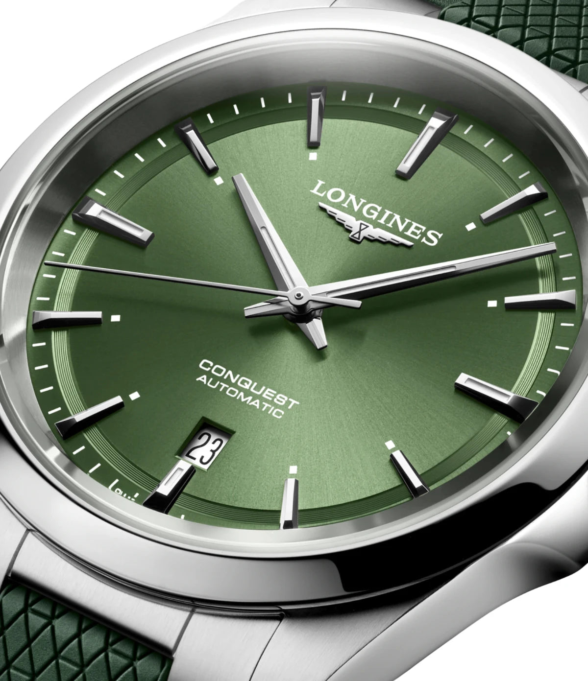 Close-up of the sunray green dial on the Longines Conquest 41mm L3.830.4.02.9 showing Swiss Super-LumiNova indexes