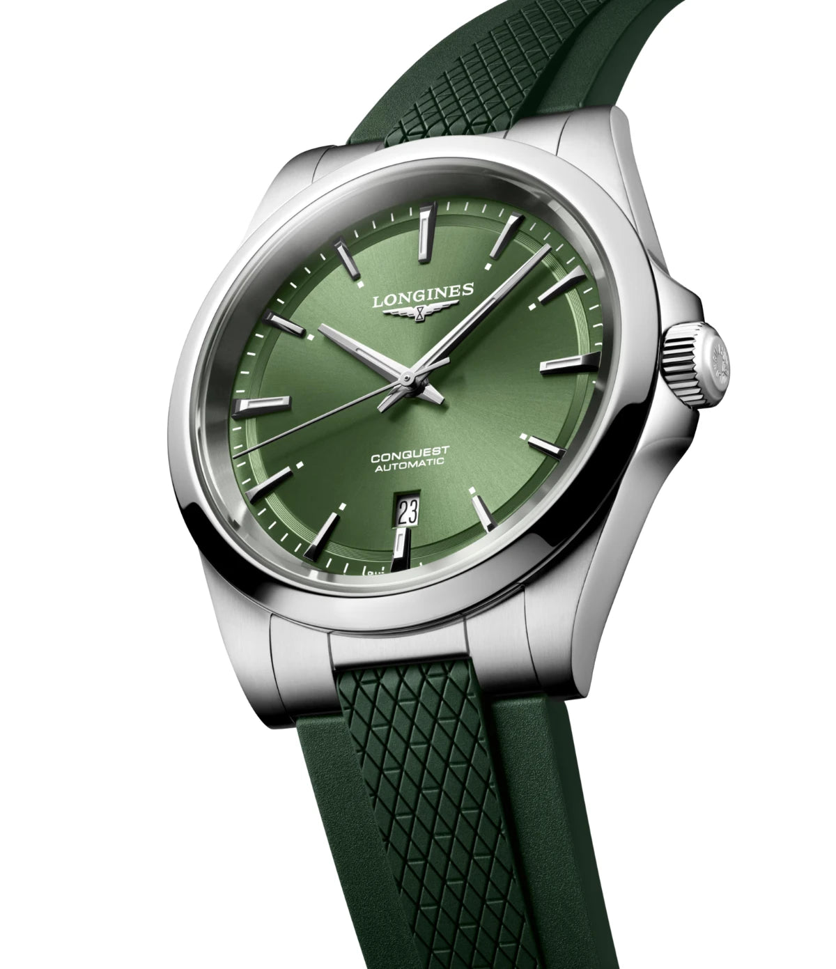 Side profile of the Longines Conquest 41mm L3.830.4.02.9 showing screw-in crown and case thickness