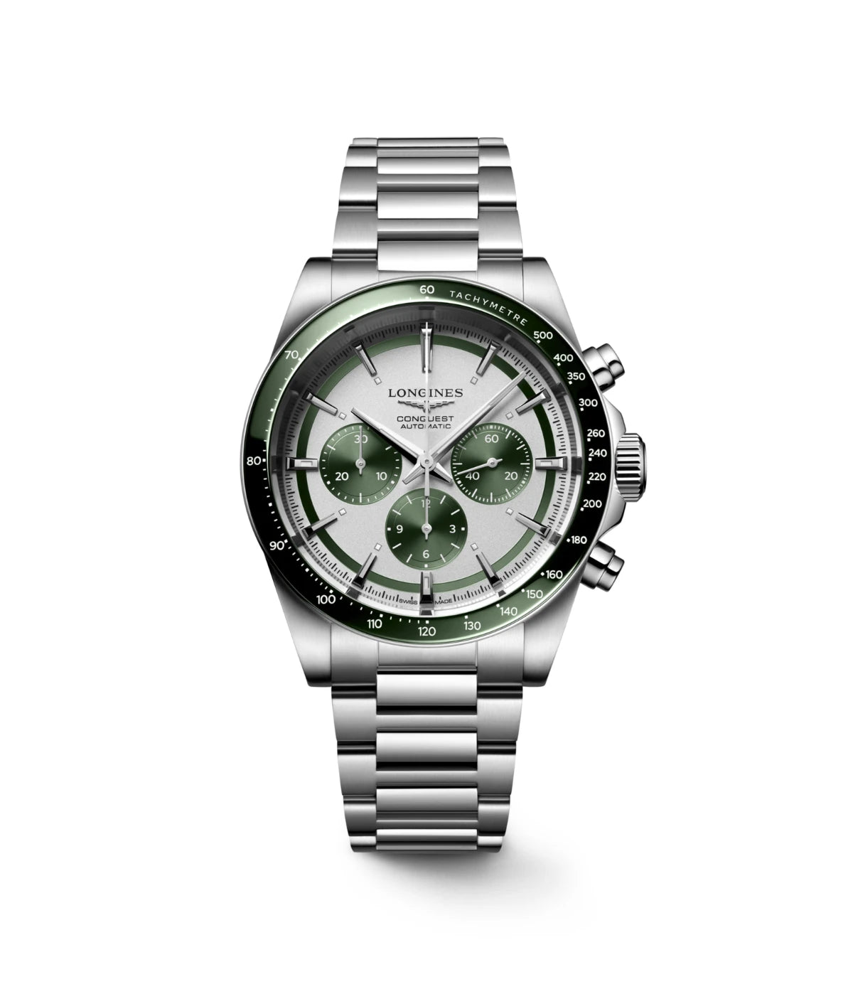 Longines Conquest Chronograph 42mm L3.835.4.02.6 front view - men's stainless steel automatic chronograph with silver matt dial and green counters, available in Sri Lanka at TimeVault