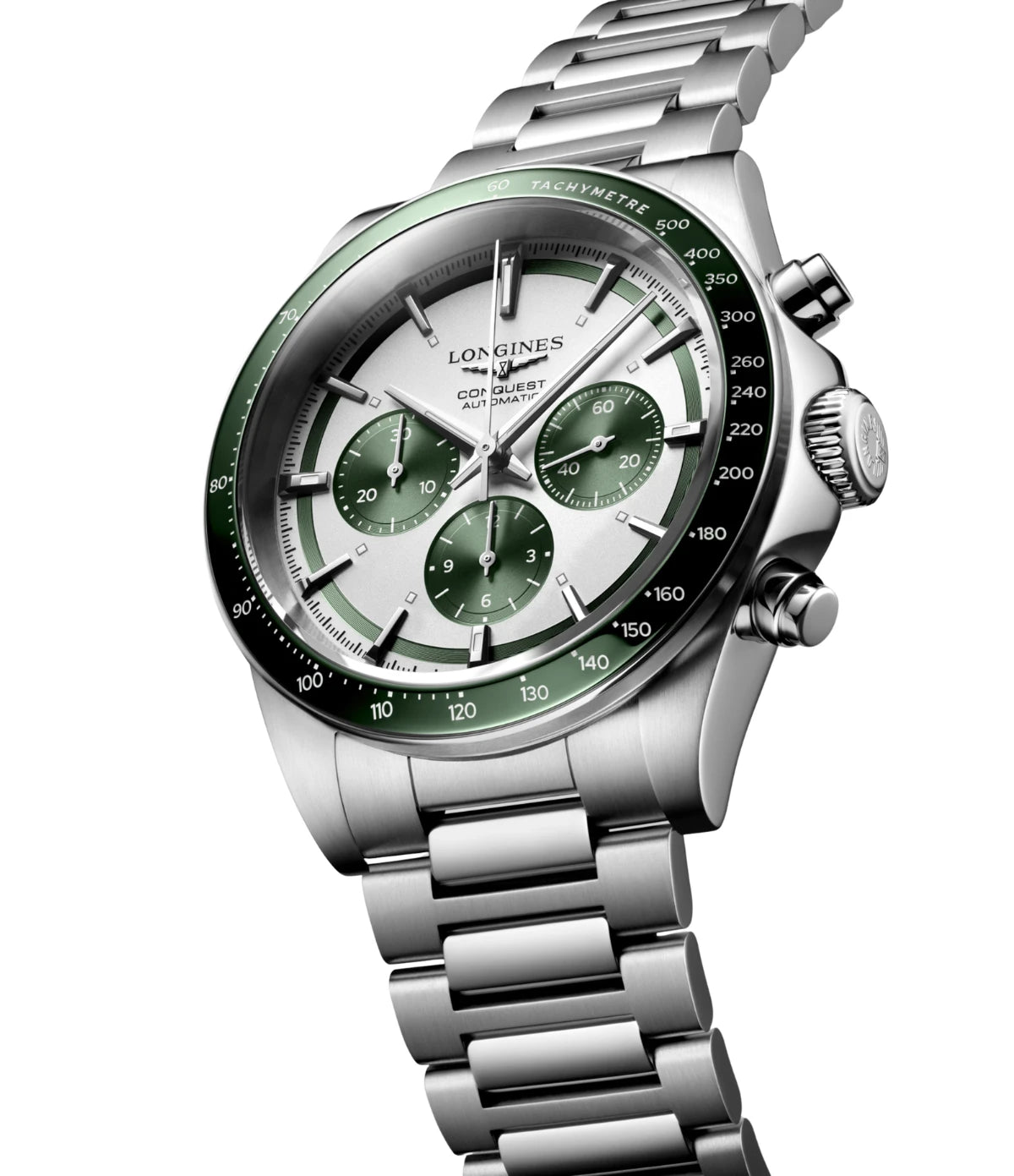 Side profile of the Longines Conquest Chronograph 42mm L3.835.4.02.6 showing ceramic bezel and screw-in crown