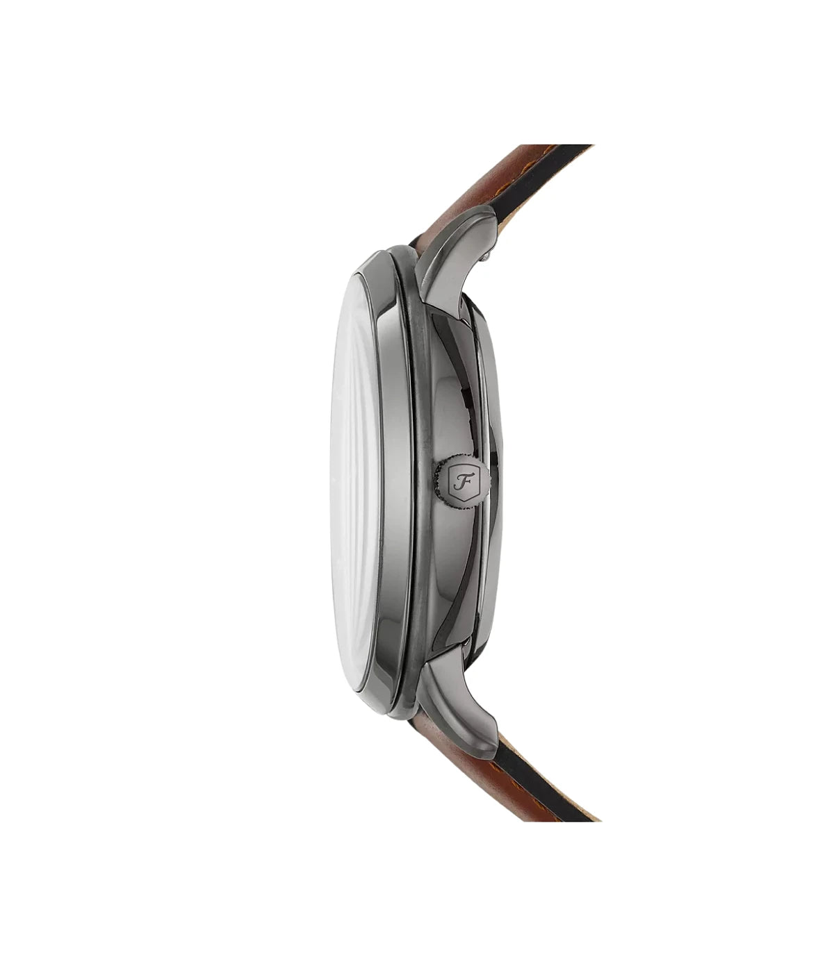Side profile of the Fossil Neutra ME3161 showing the smoke stainless steel case and amber leather strap