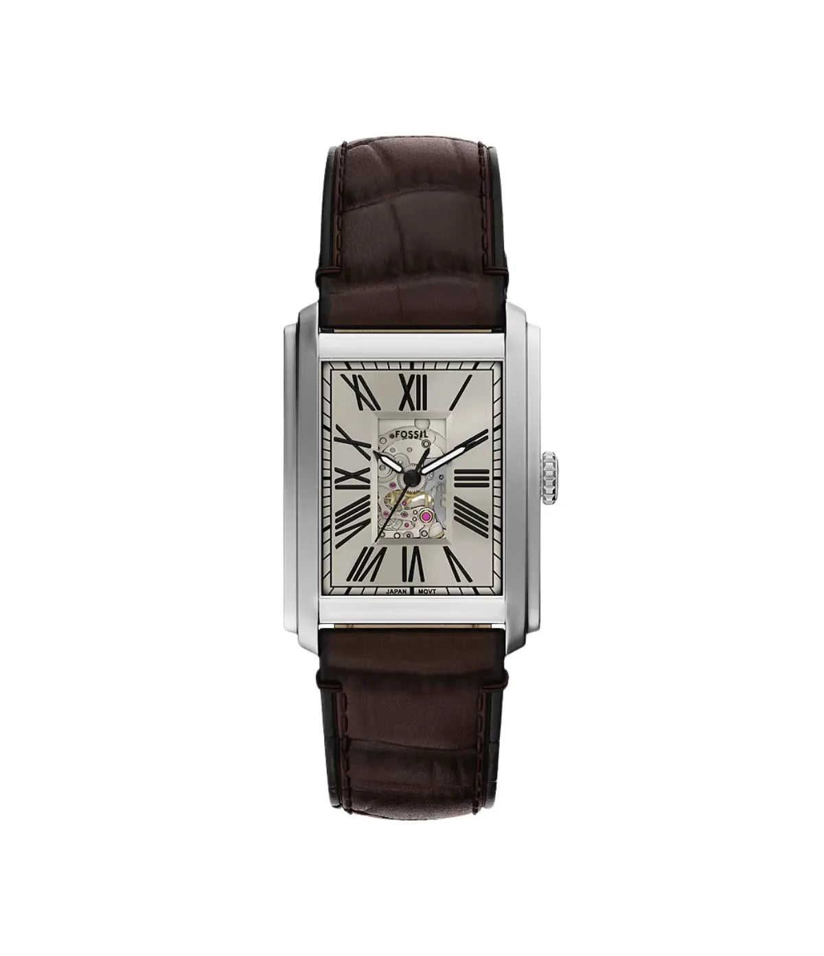 Fossil Carraway ME3272 front view showing the dial, 30mm automatic three-hand watch with brown croco-embossed leather - shop at Time Vault Sri Lanka