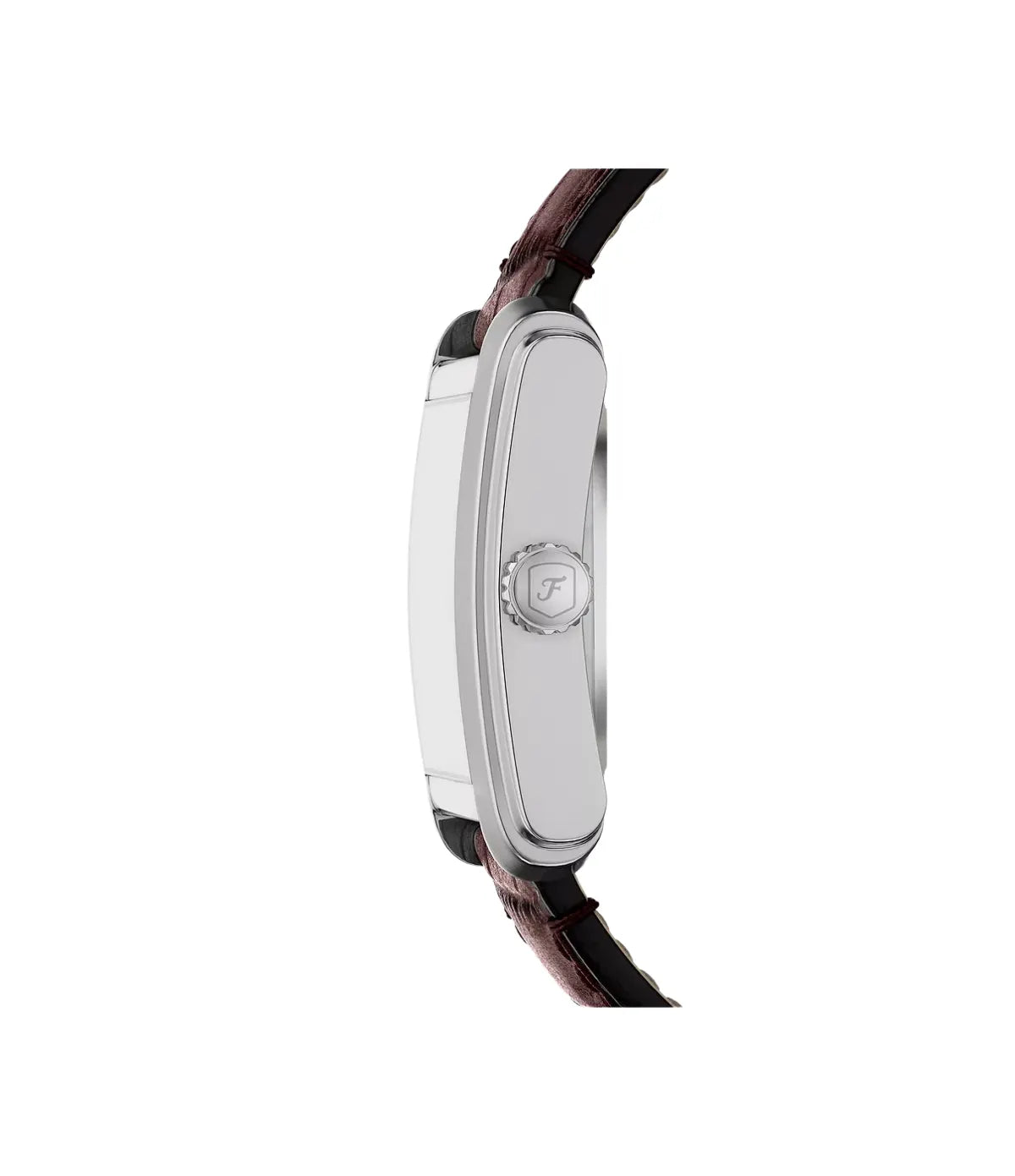 Fossil Carraway ME3272 side profile showing the case, 30mm automatic three-hand watch with brown croco-embossed leather - shop at TimeVault Sri Lanka