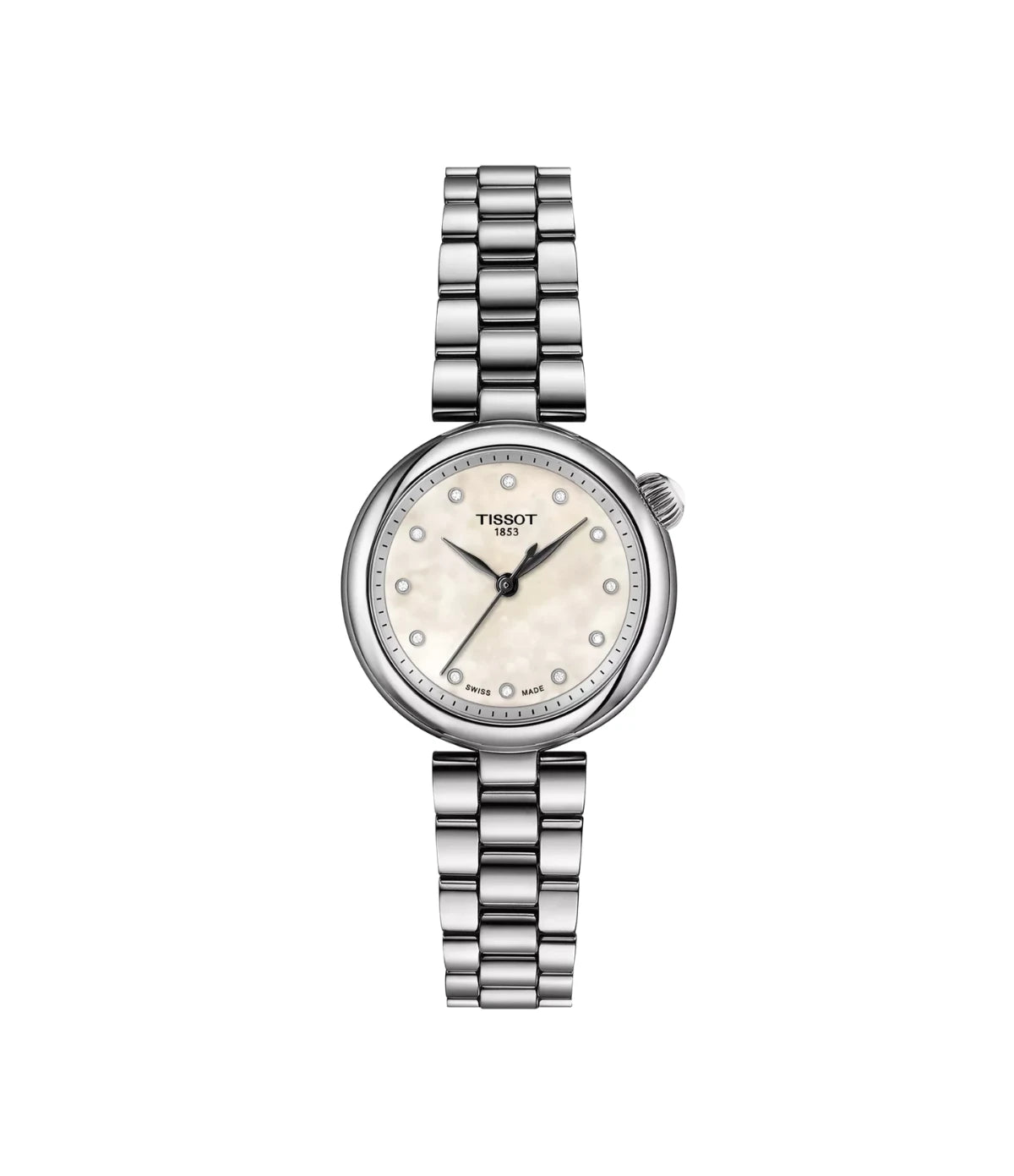 Tissot Desir 28mm T1520101111600 front view - women's stainless steel quartz watch with white mother-of-pearl diamond dial, available in Sri Lanka at TimeVault