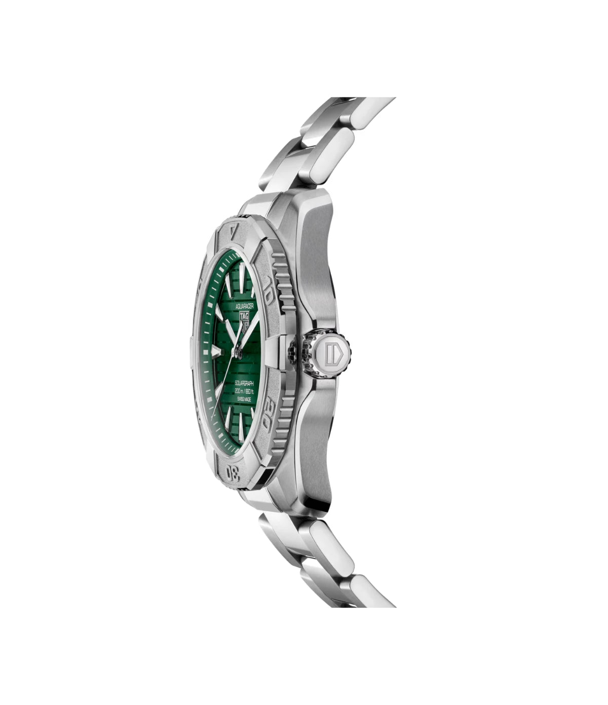 Side profile of the TAG Heuer Aquaracer Professional 200 Solargraph WBP1118.BA0047 showing unidirectional turning steel bezel and screw-down crown