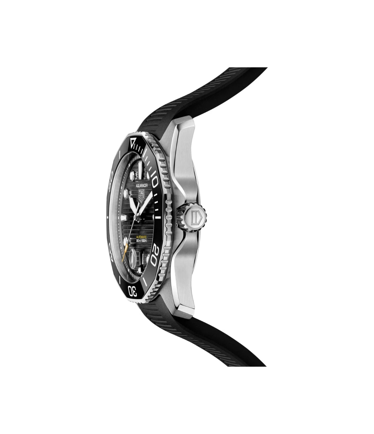 Side profile of the TAG Heuer Aquaracer Professional 300 Date WBP201A.FT6197 showing steel and ceramic turning bezel
