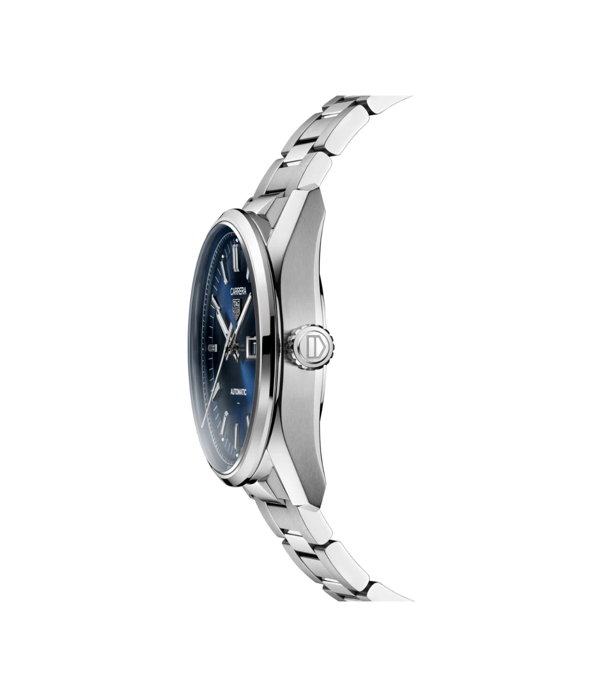 Side profile of the TAG Heuer Carrera Day-Date WDA2112.BA0043 showing fine-brushed/polished steel case and slightly curved flange