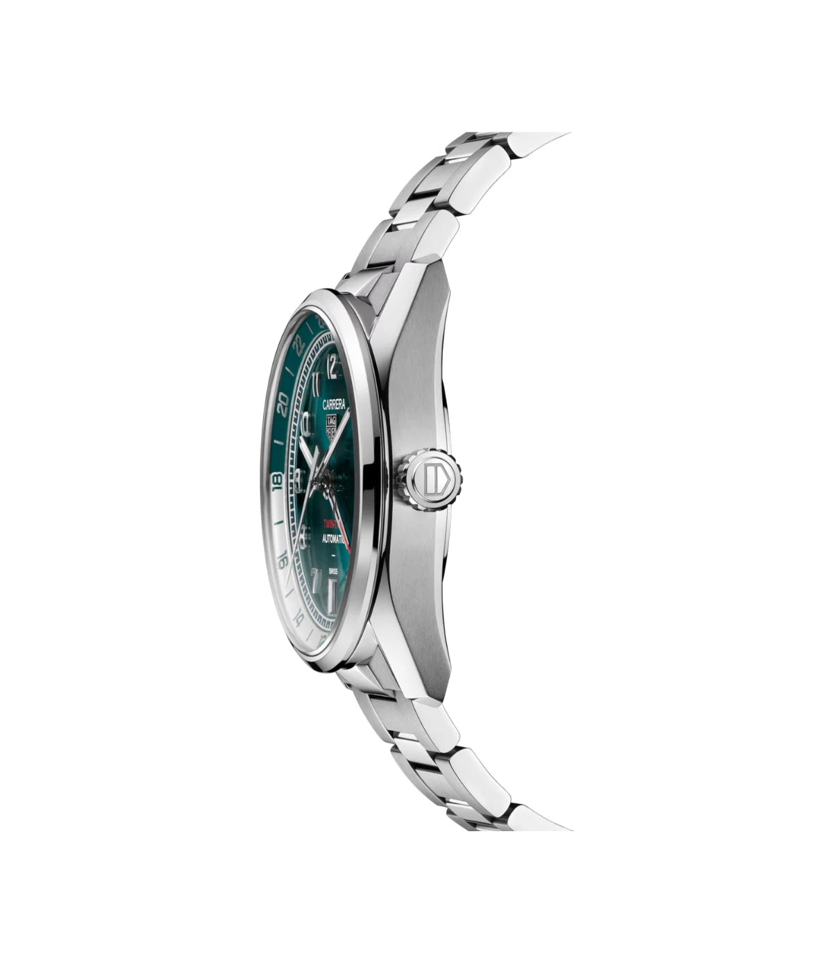 Side profile of the TAG Heuer Carrera Date Twin-Time WDA2114.BA0043 showing fine-brushed/polished steel case and case thickness