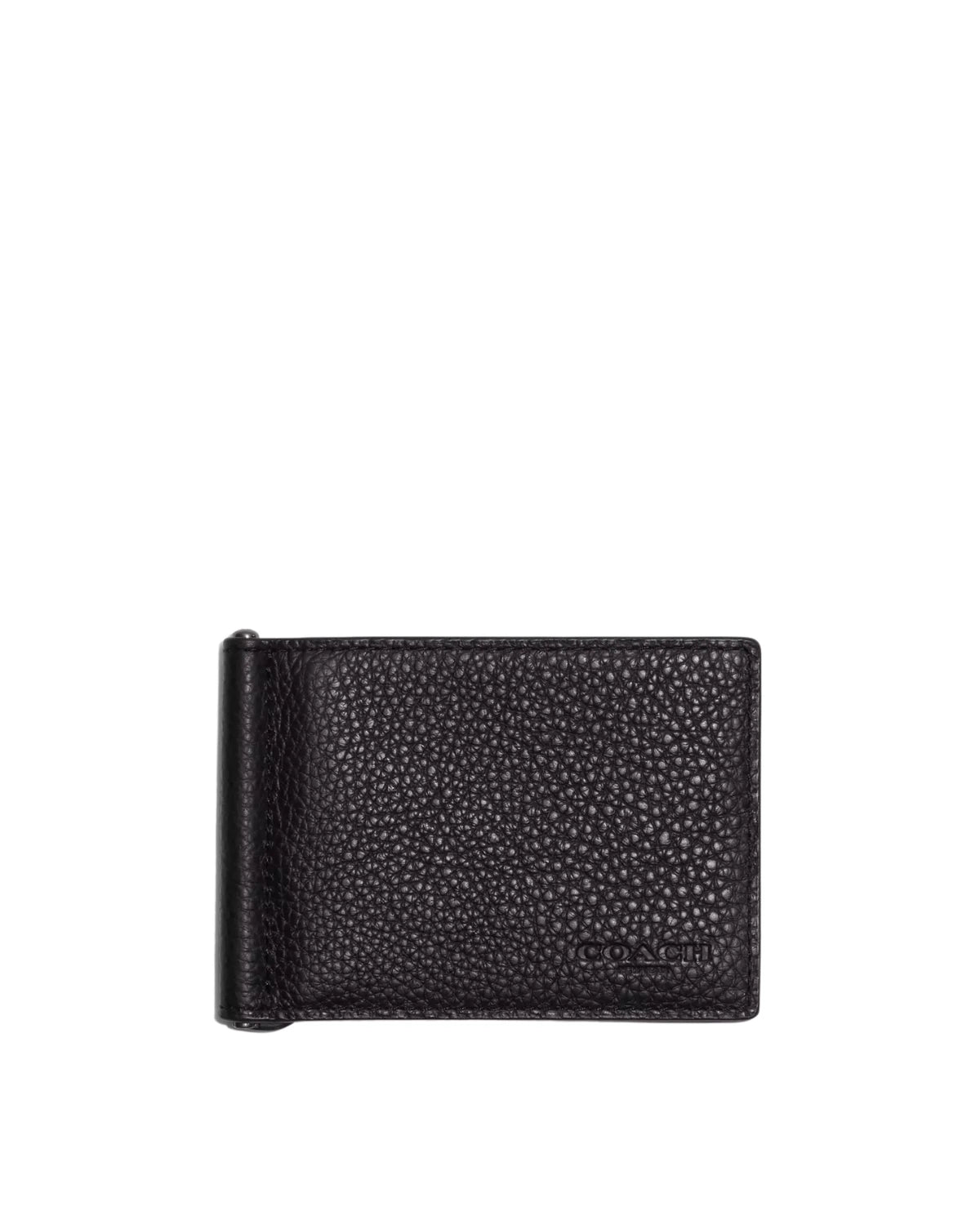 Coach Slim Money Clip Billfold Wallet CH090 front view - men's refined pebble leather slim bifold wallet in black, available in Sri Lanka at TimeVault LK