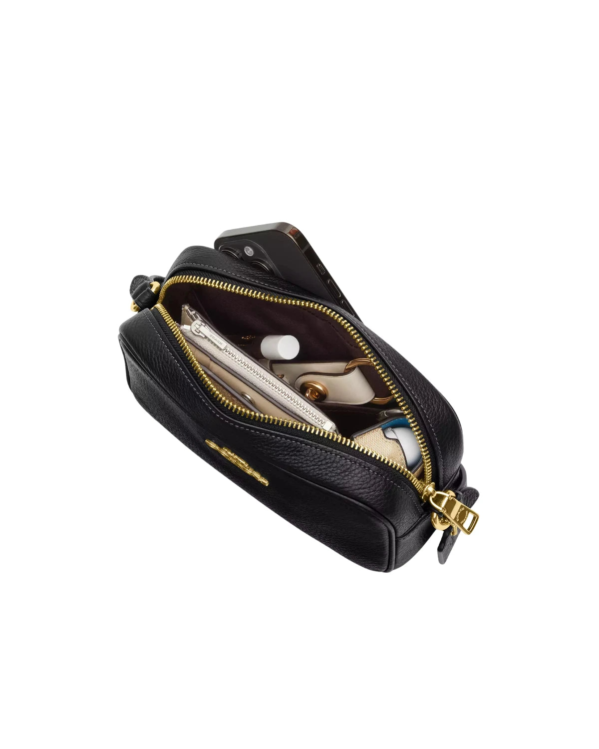 Open view of the Coach Mini Jamie Camera Bag CY752 showing fabric lining, inside snap pocket and two credit card slots