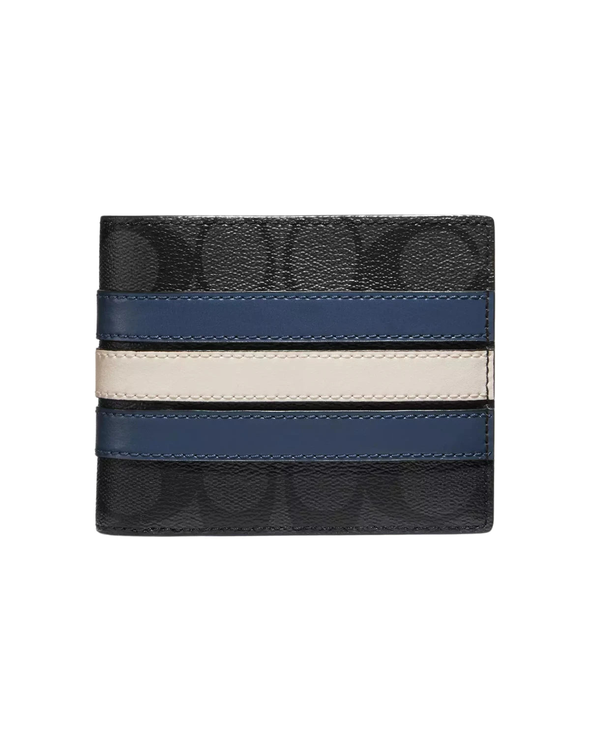 Coach 3 In 1 Wallet in Signature Canvas with Varsity Stripe 3008 front view - men's canvas and leather bifold wallet in charcoal denim chalk, available in Sri Lanka at Time Vault
