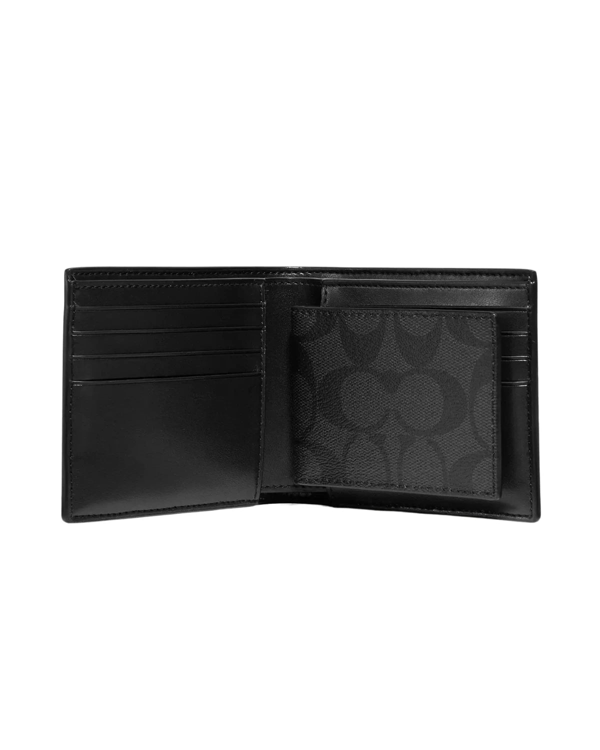 Open view of the Coach 3 In 1 Wallet in Signature Canvas 3008 showing eight credit card slots, full-length bill compartments and removable insert with ID window