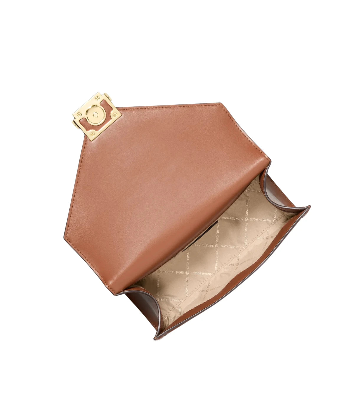 Open view of the Michael Kors Whitney Medium Shoulder Bag 35F4GWHL6M showing logo-lined interior and back slip pocket