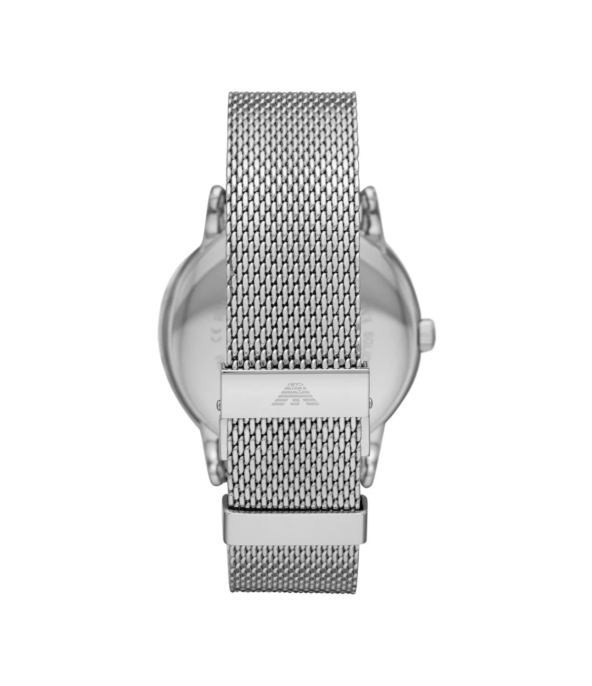 AR11272 Emporio Armani Men's Watch back view highlighting the stainless steel mesh bracelet strap and engraved case back at time vault