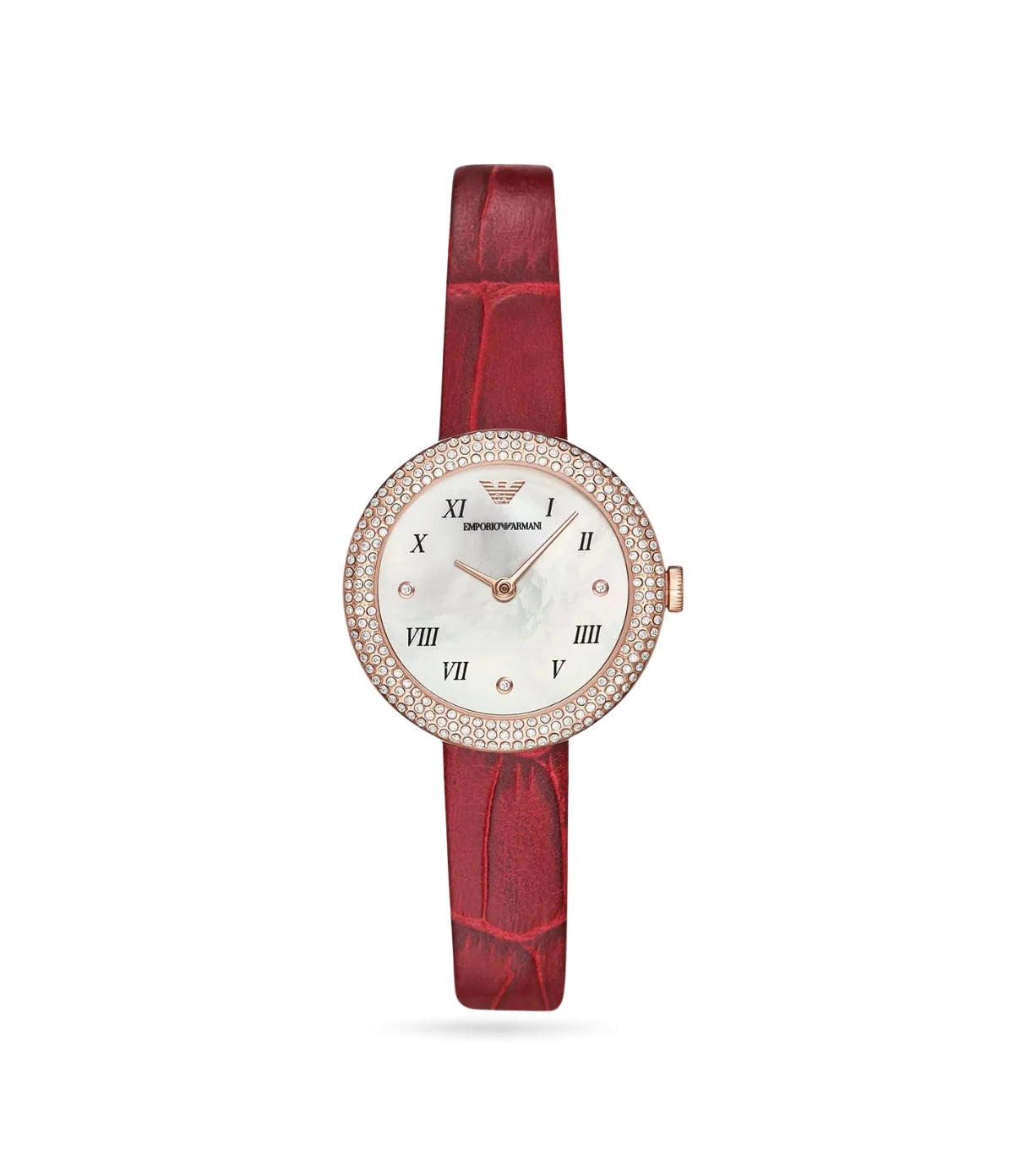 Emporio Armani Rosa AR11357 front view - women's rose gold watch with white mother-of-pearl dial and red leather strap, available in Sri Lanka at Time Vault