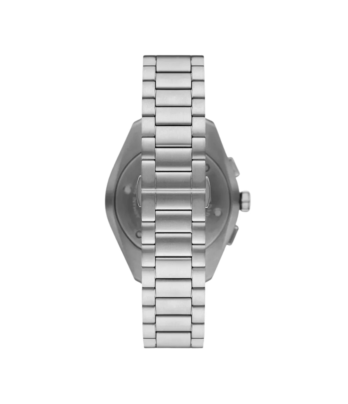 AR11480 Emporio Armani Chronograph Stainless Steel Watch back view highlighting the stainless steel bracelet strap and engraved case back at time vault