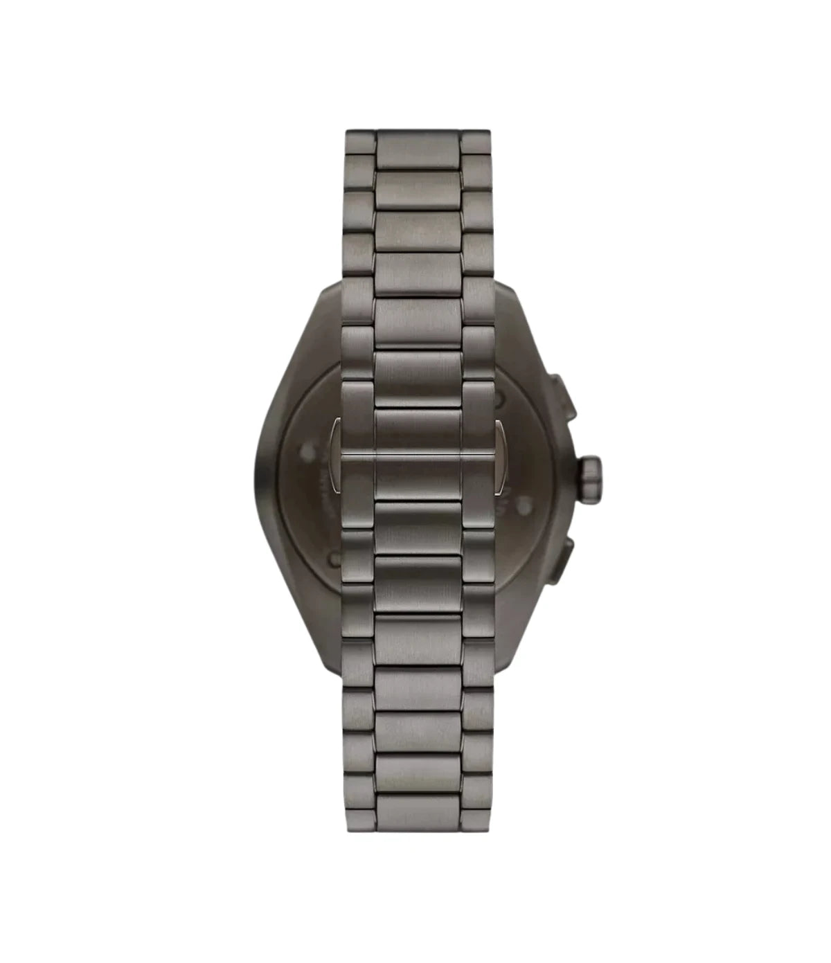 AR11481 Emporio Armani Chronograph Gunmetal Stainless Steel Watch back view highlighting the gunmetal stainless steel bracelet and engraved case back at time vault