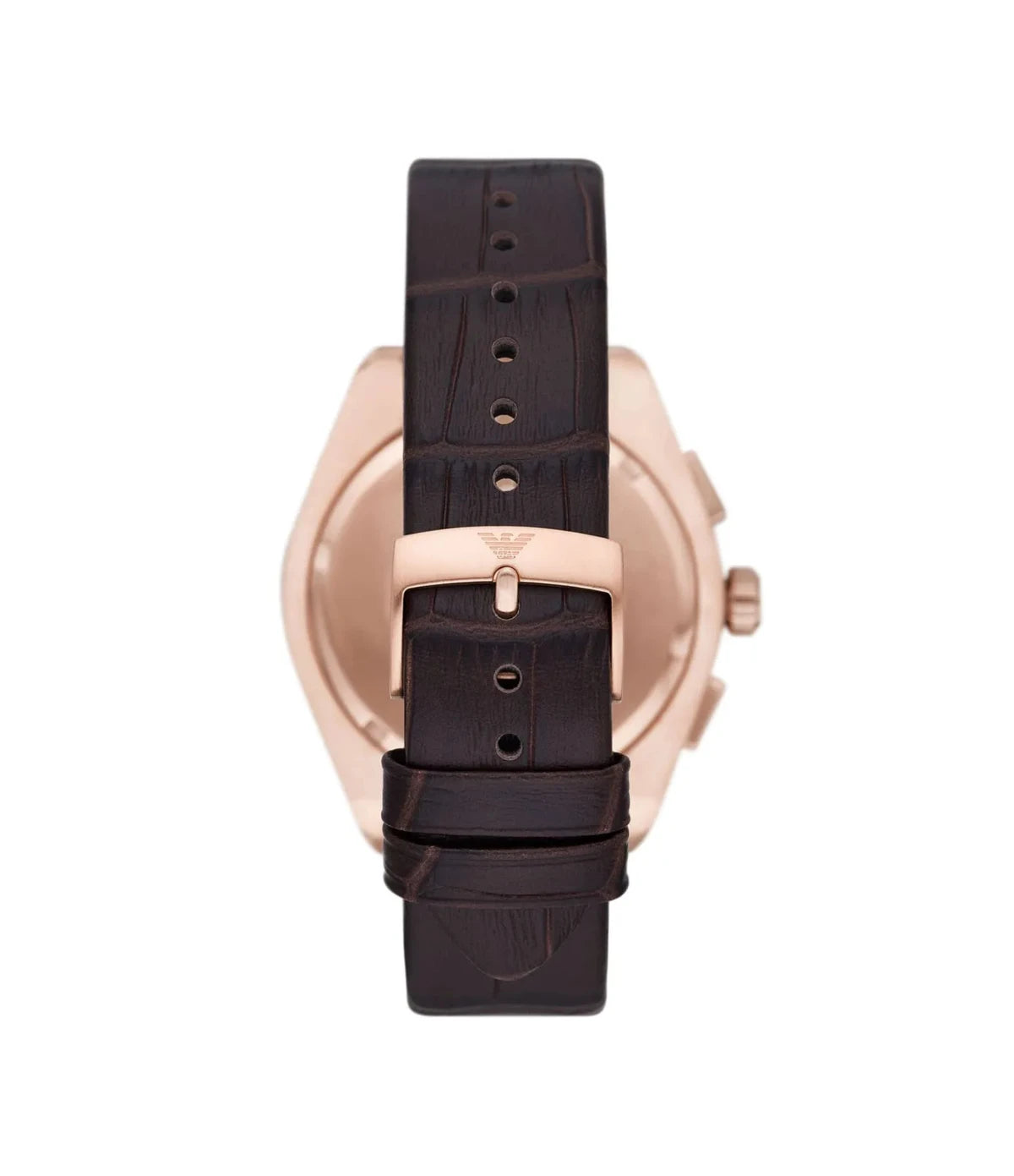 AR11563 Emporio Armani Federico Chronograph Watch back view highlighting the brown genuine leather strap and engraved case back at time vault