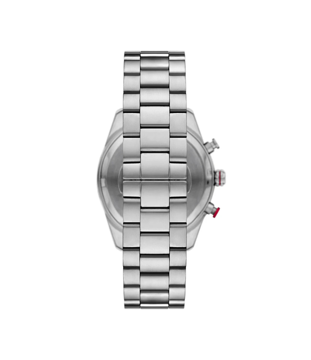 AR11676 Emporio Armani Chronograph Racer Watch back view highlighting the polished silver stainless steel bracelet and deployant clasp at time vault
