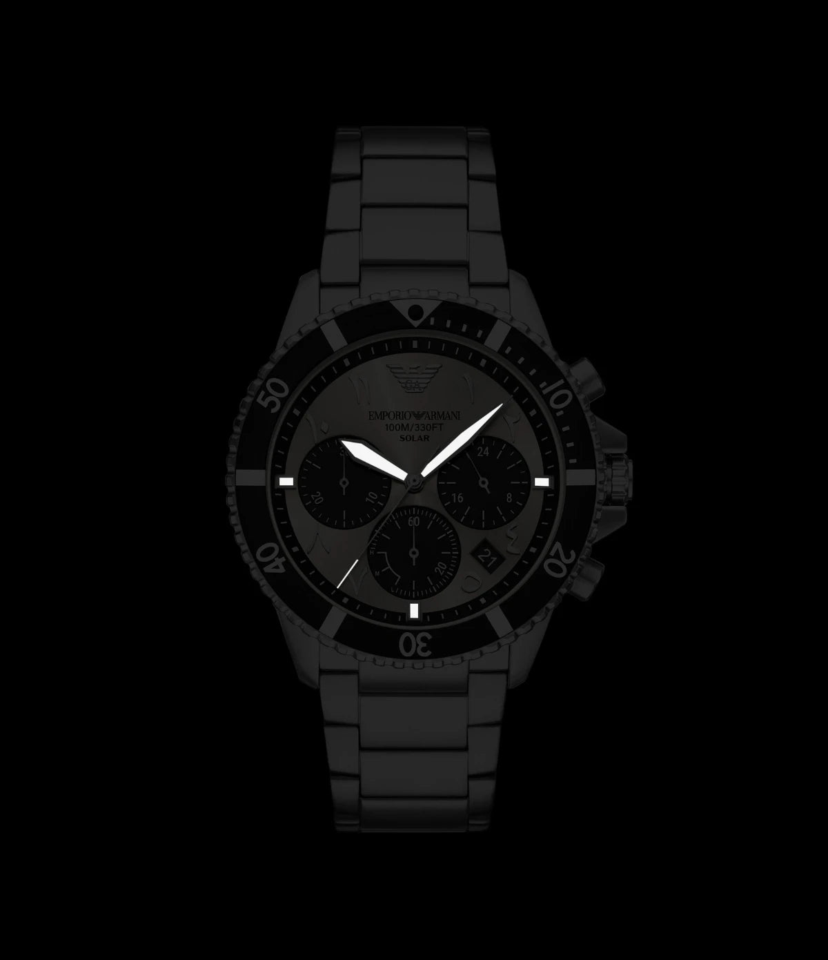 AR11722NLPNLC Emporio Armani World Explorer Solar-Powered Chronograph Stainless Steel Watch glows in the dark