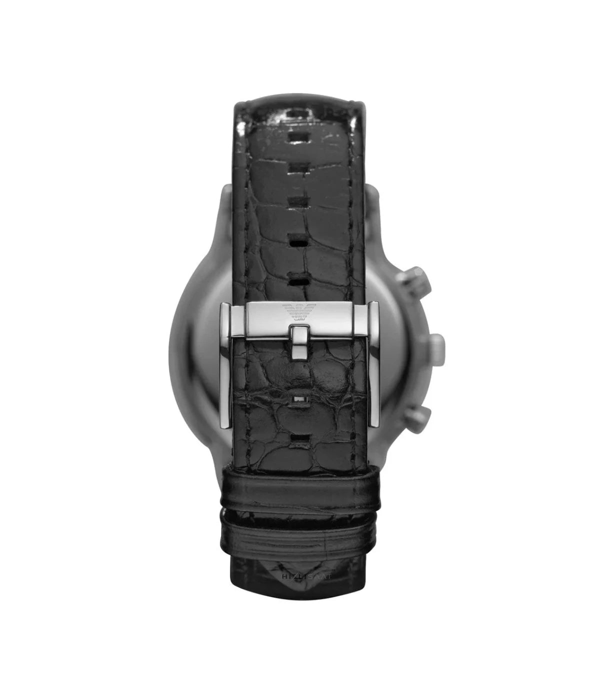 AR2432 Emporio Armani Men's Classic Chronograph Watch back view highlighting the leather strap and engraved case back at time vault