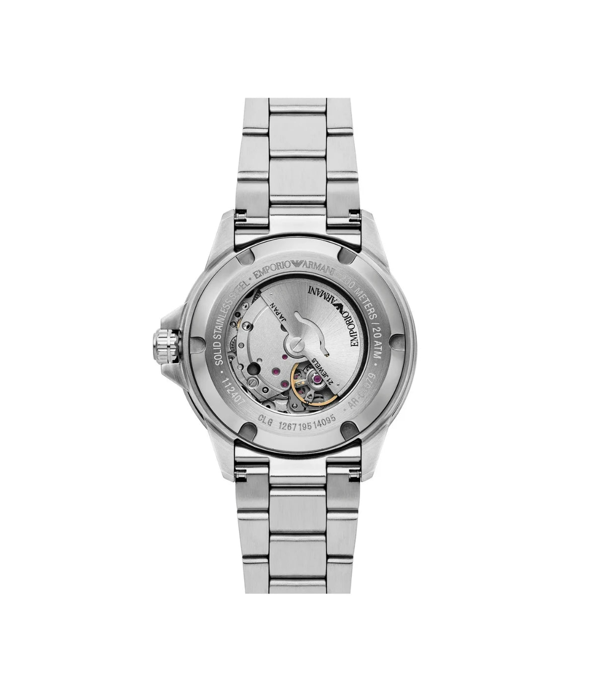 AR60079 Emporio Armani Sea Explorer Automatic Stainless Steel Watch back view highlighting the automatic movement