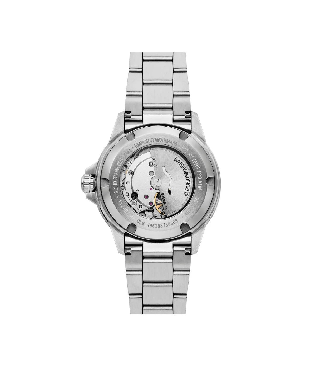 AR60080 Emporio Armani Sea Explorer Automatic Stainless Steel Watch back view highlighting the automatic movement