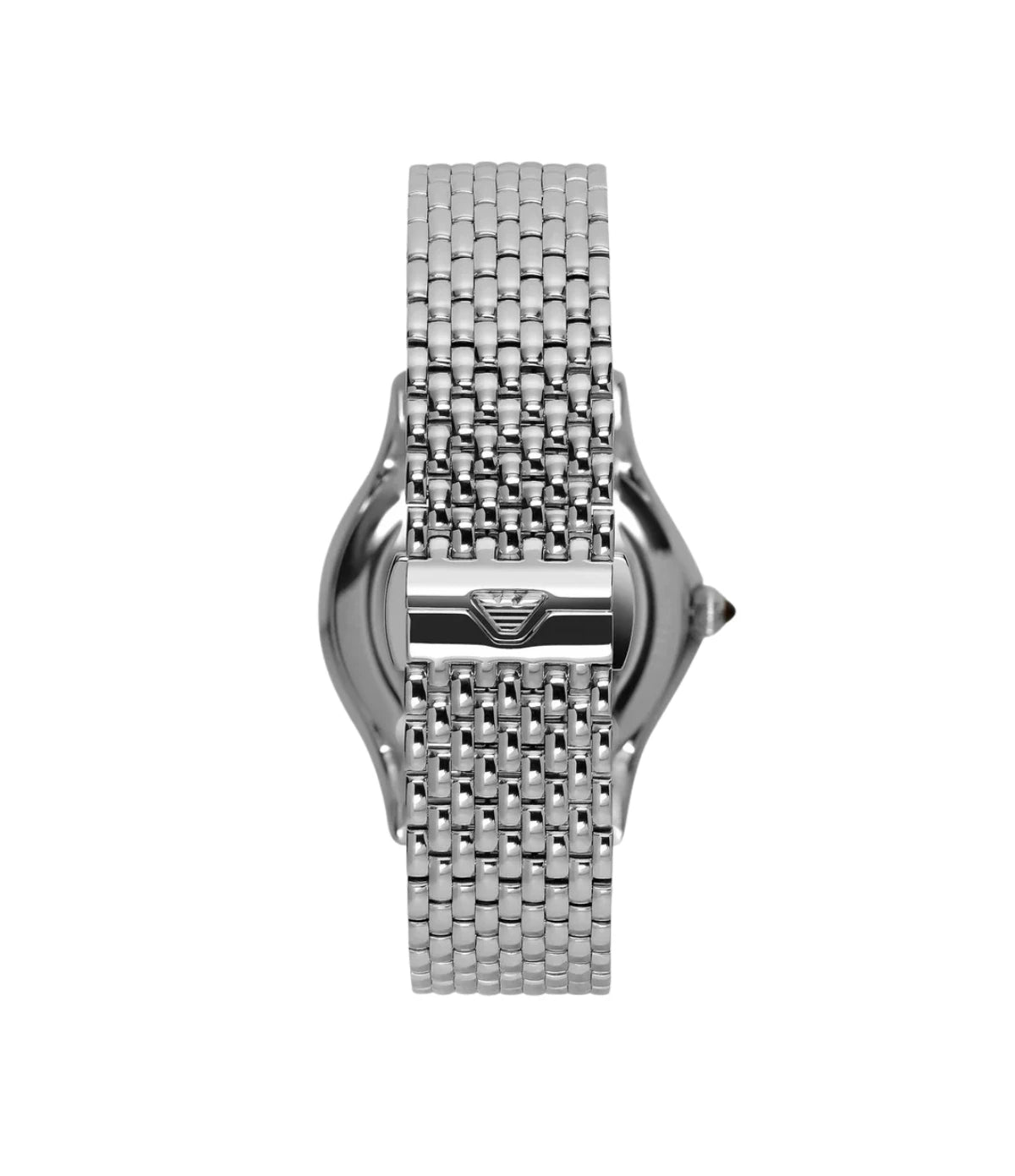 ARS7507 Emporio Armani Watch For Women back view highlighting the silver stainless steel bracelet and butterfly deployant clasp at time vault
