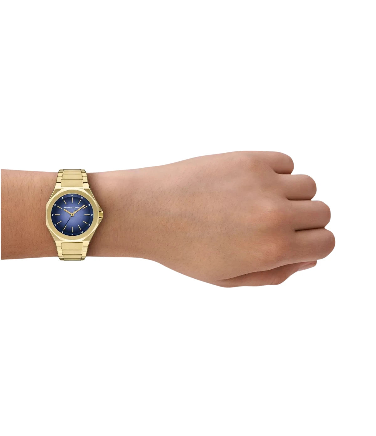 Armani Exchange Andrea AX4620 worn on the wrist, showing the 34mm case and contrasting blue dial