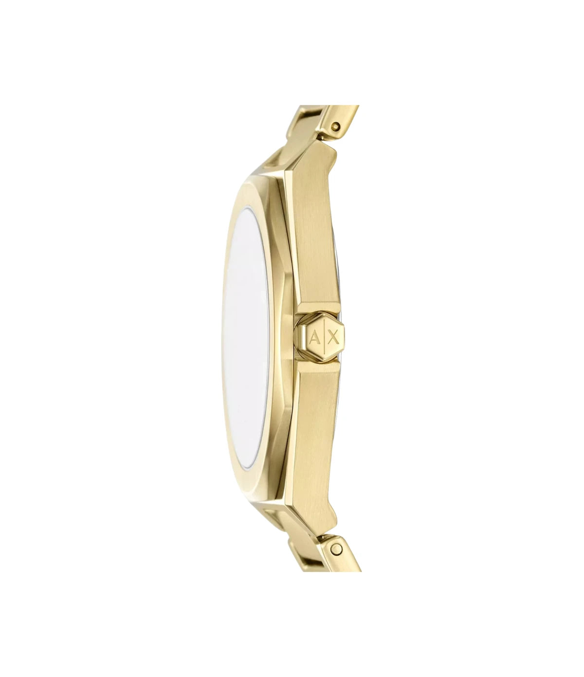 Side profile of the Armani Exchange Andrea AX4620 showing the gold-tone stainless steel case and bracelet