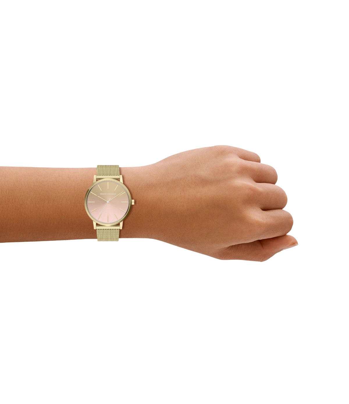 Armani Exchange Lola AX5619 worn on the wrist, showing the 36mm case and multi-tone gold dial
