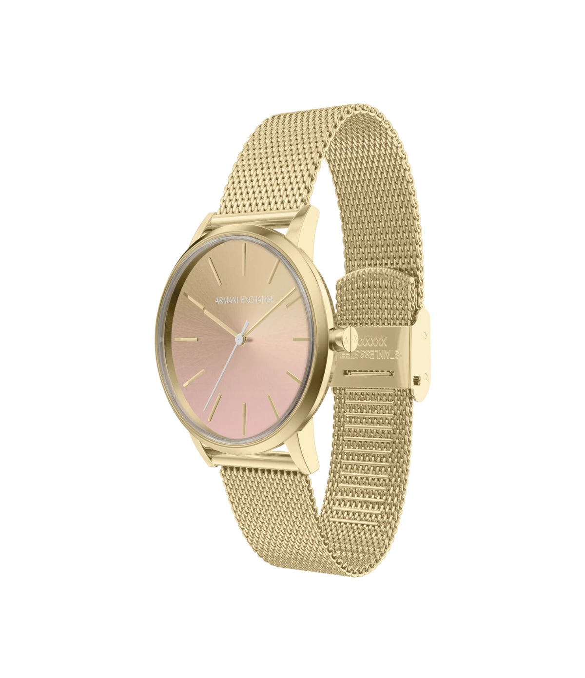 Side profile of the Armani Exchange Lola AX5619 showing the gold-tone stainless steel case and bracelet thickness