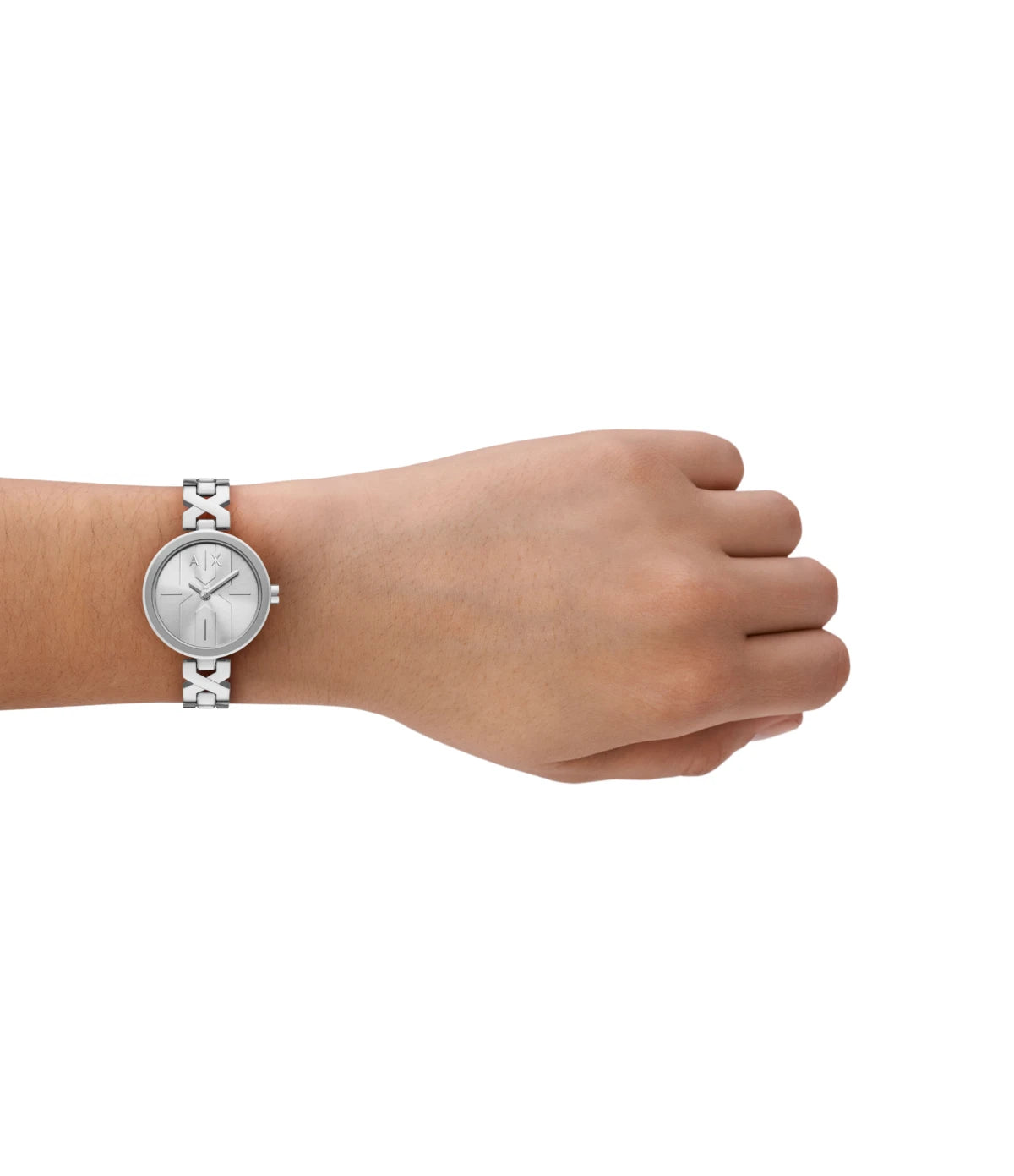 Armani Exchange Ava AX5830 worn on the wrist, showing the petite 32mm case and silver sunray dial