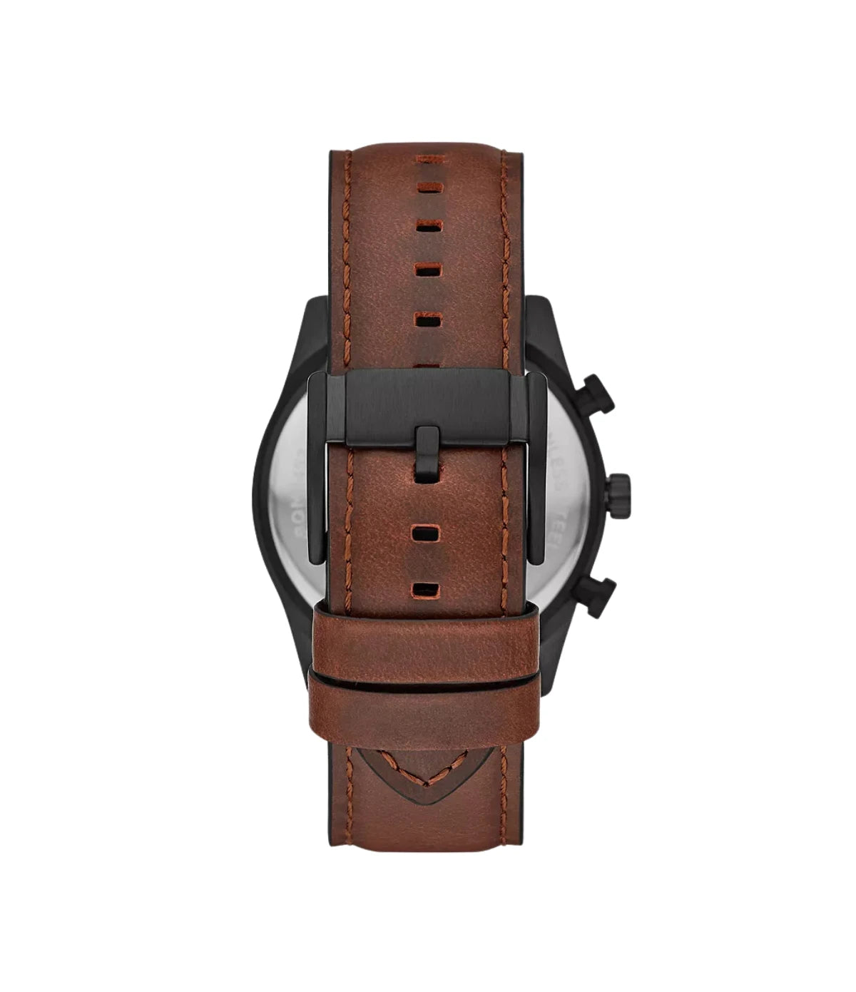 BQ2457 Fossil Sullivan Men's Multifunction Leather Watch Brown back view highlighting the genuine brown leather strap and engraved case back at time vault