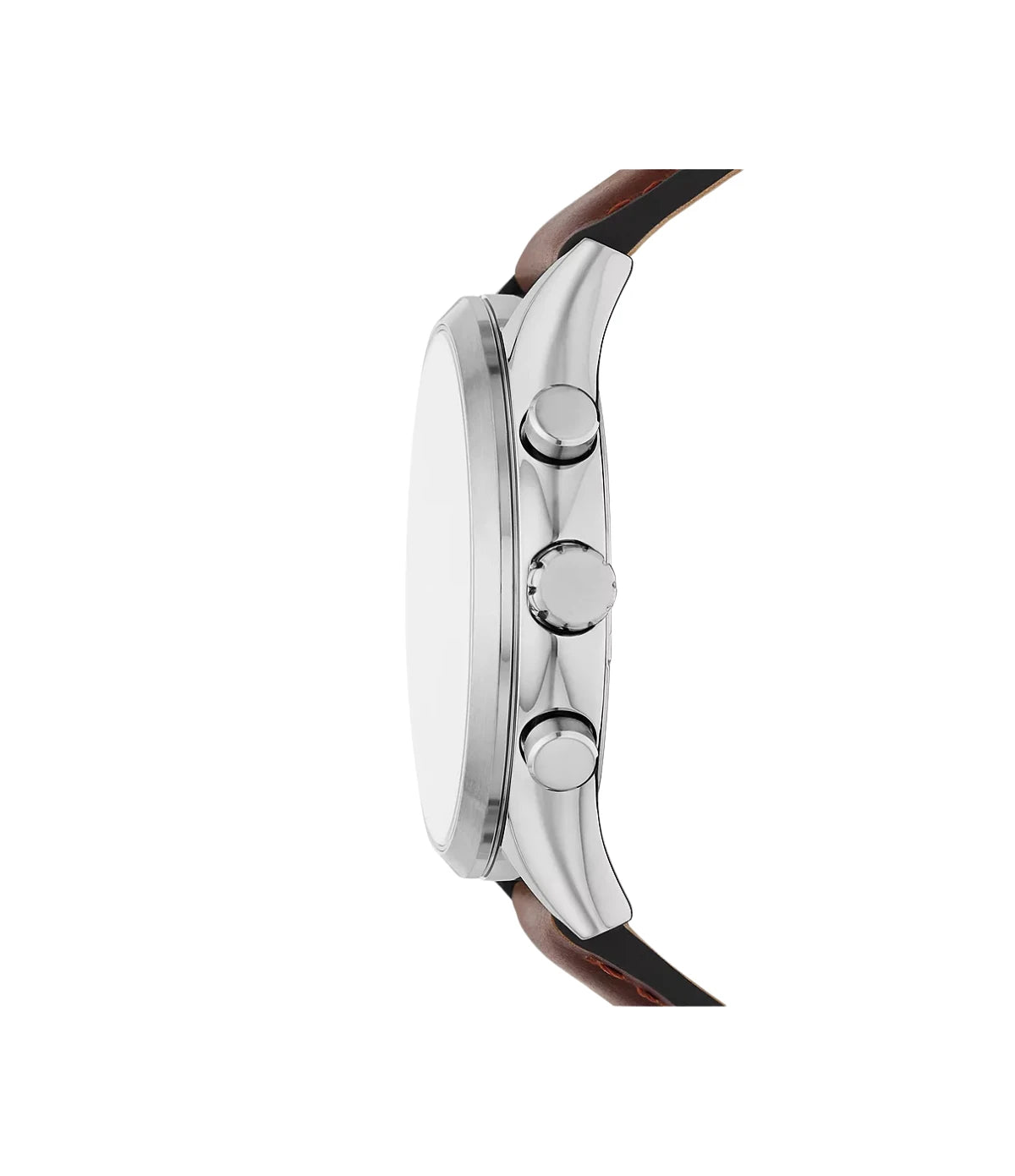 Side profile of the Fossil Fenmore BQ2813 showing stainless steel case and brown leather strap thickness