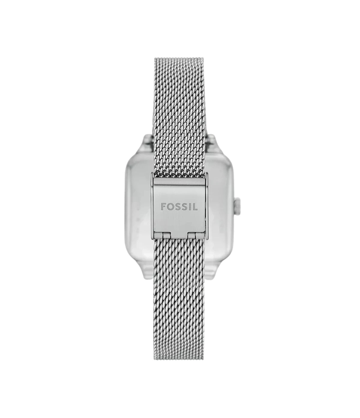 BQ3970 Fossil Colleen Three-Hand Stainless Steel Mesh Watch back view highlighting the silver-tone stainless steel mesh bracelet and sliding closure at time vault