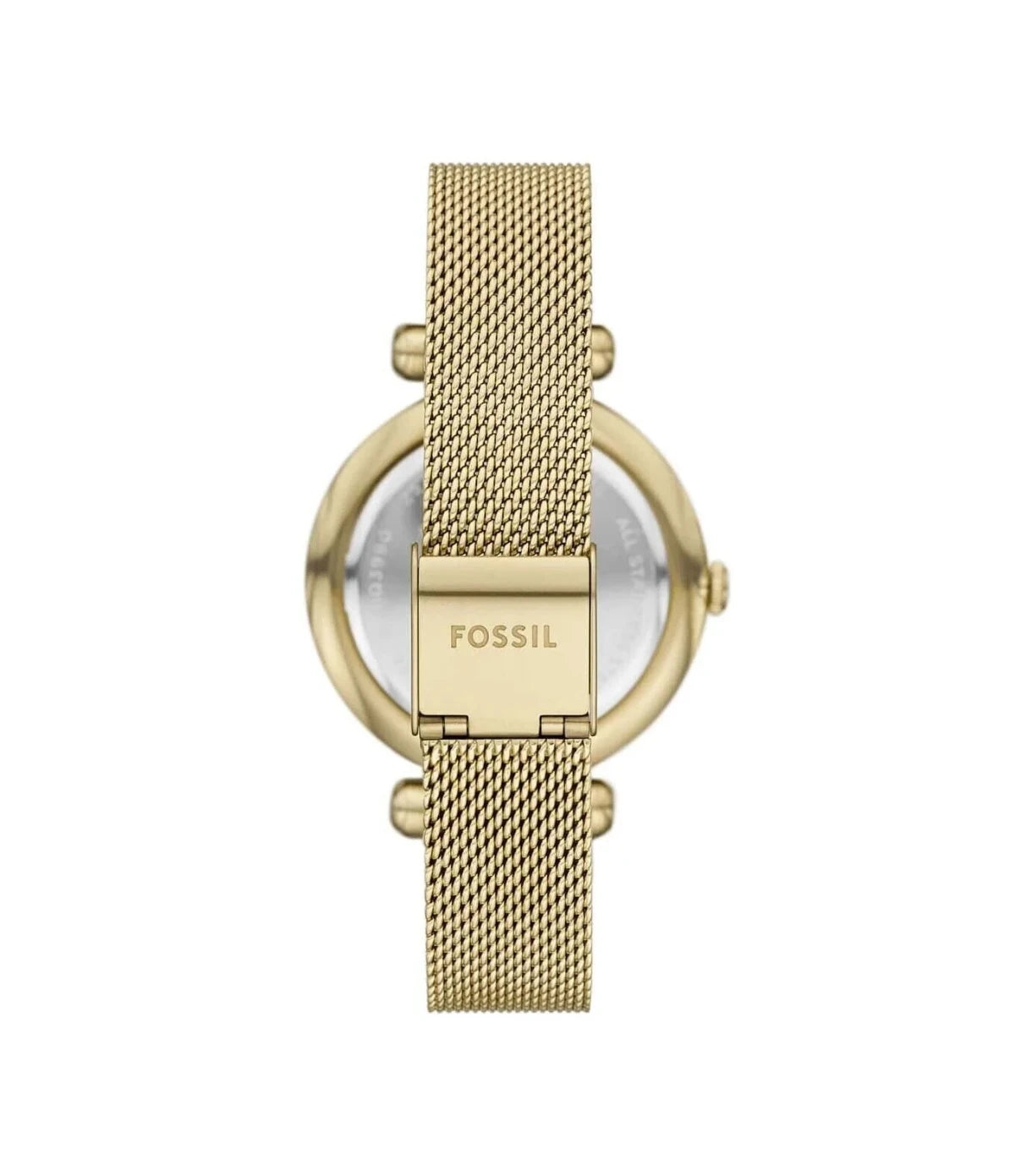BQ3990 Fossil Tillie Three-Hand Gold-Tone Stainless Steel Watch back view highlighting the gleaming gold-tone stainless steel bracelet at time vault