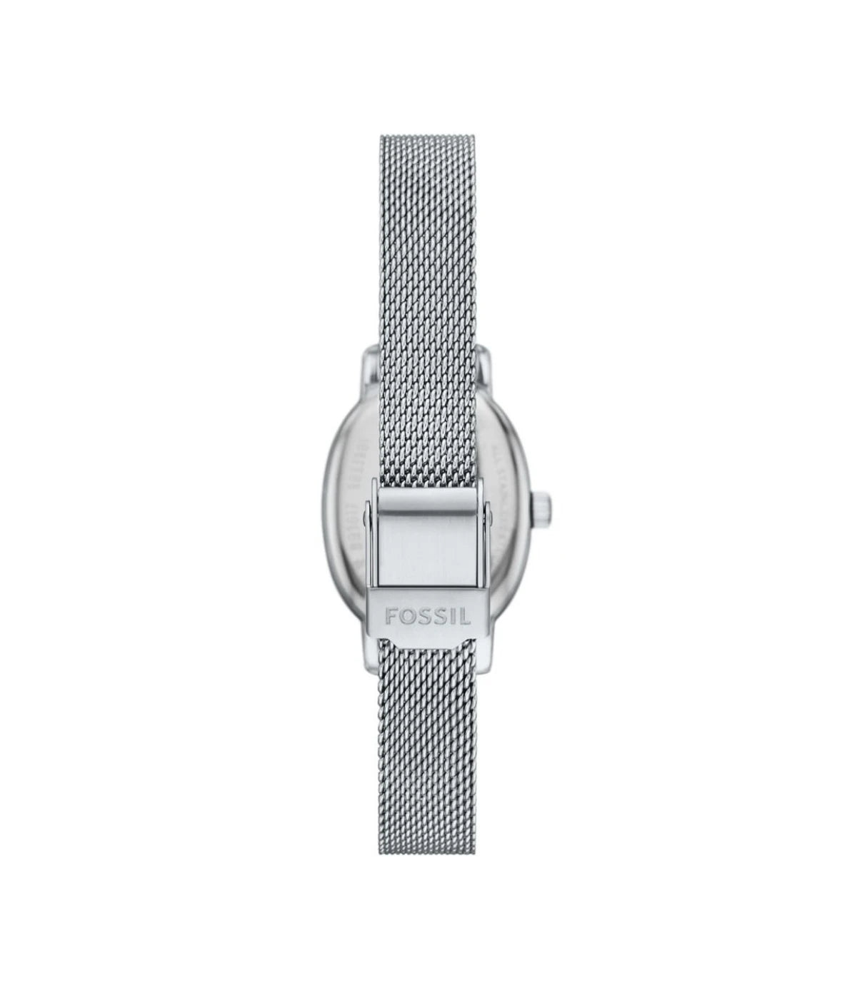 BQ5015 Fossil Penny Three-Hand Stainless Steel Watch back view highlighting the silver stainless steel milanese mesh bracelet at time vault