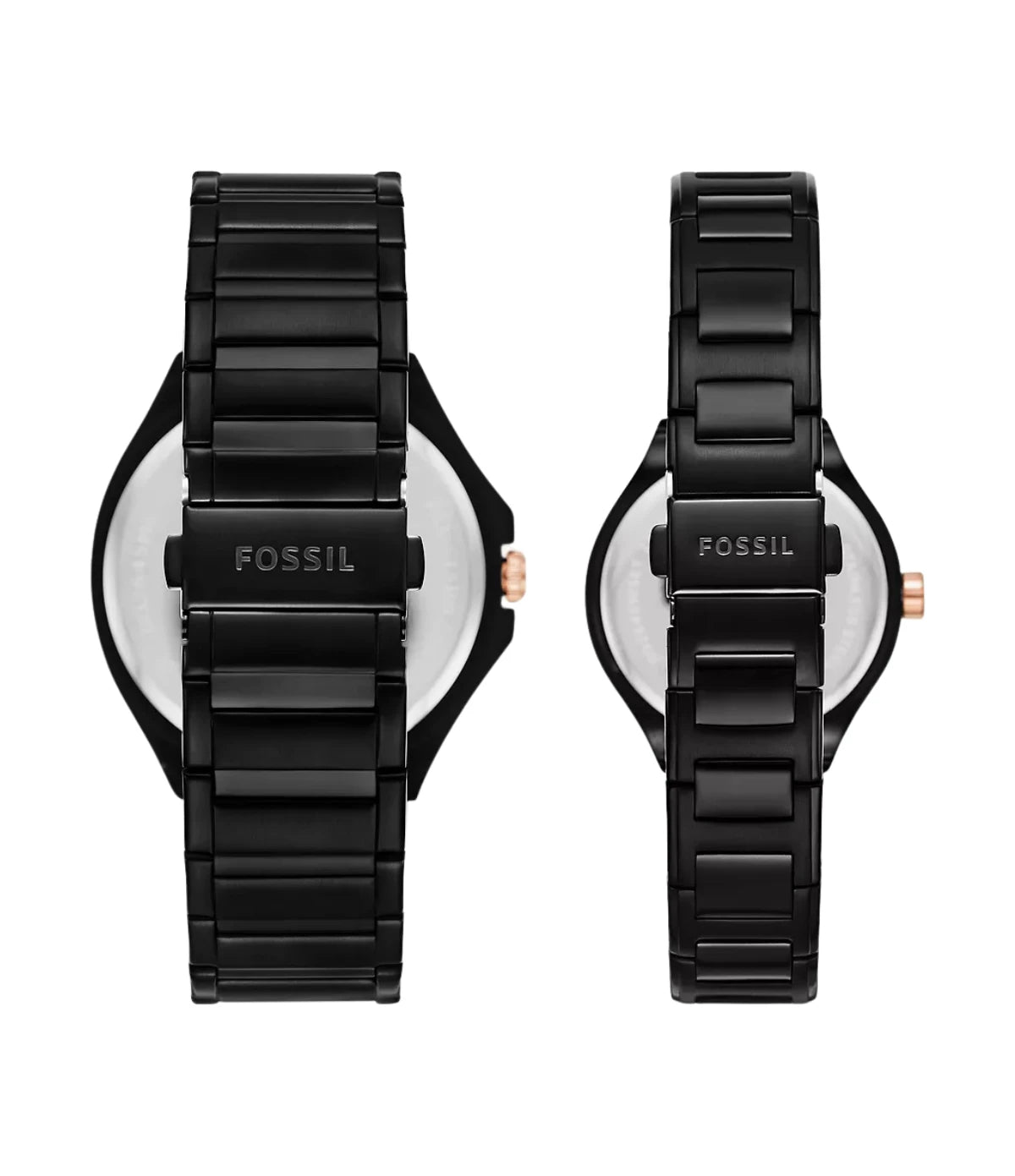 Back view of the Fossil His and Her Watch Set BQM2645SET showing both black stainless steel casebacks