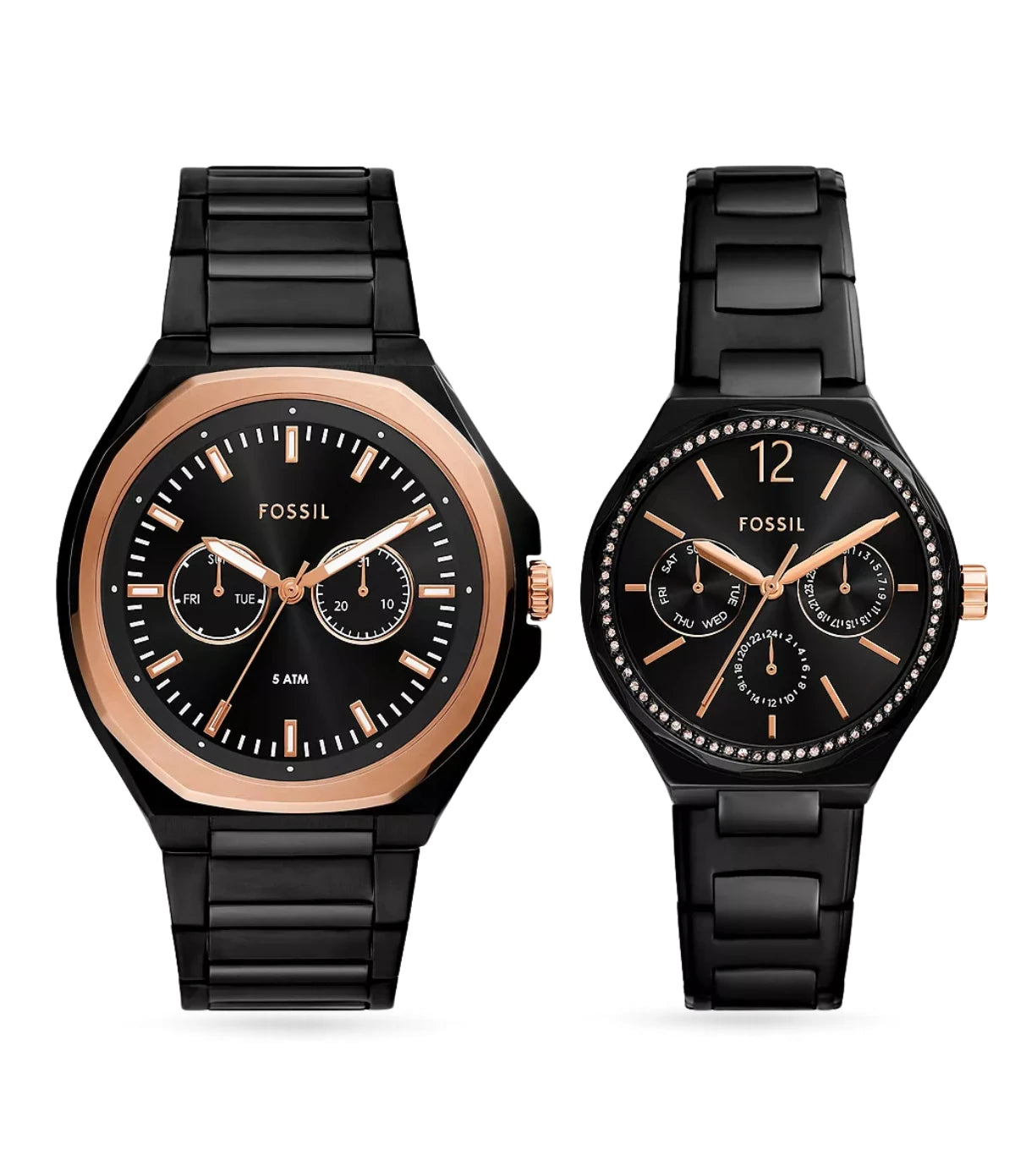 Fossil His and Her Multifunction Black Stainless Steel Watch Set BQM2645SET front view - matching couples watch set with black sunray dials, available in Sri Lanka at Time Vault