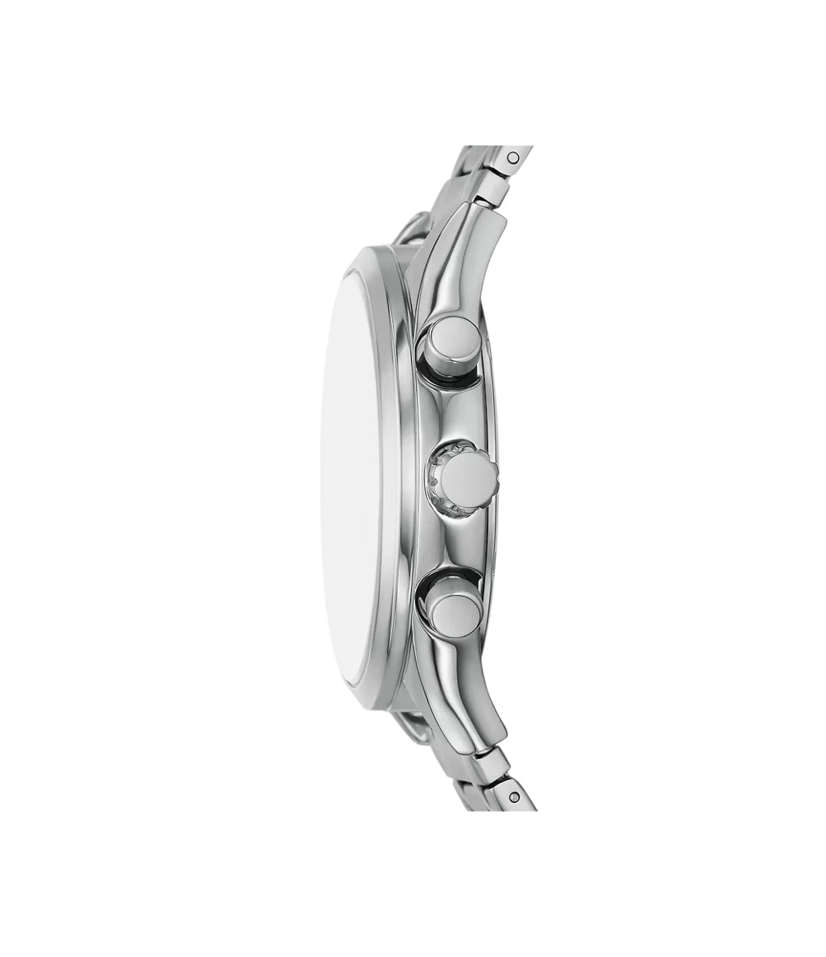 Side profile of the Fossil Fenmore BQM2808 showing the brushed stainless steel case and bracelet thickness