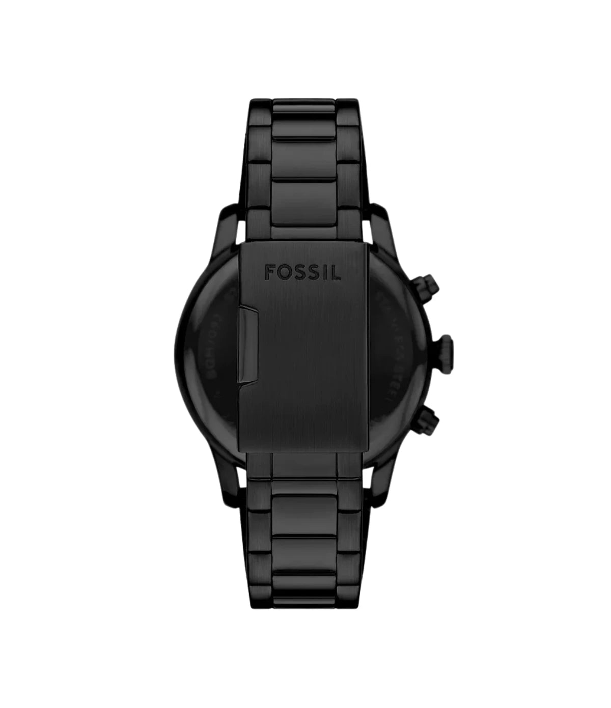 BQM2846 Fossil Rhett Multifunction Blue Dial Stainless Steel Watch back view highlighting the silver stainless steel bracelet and engraved case back at time vault