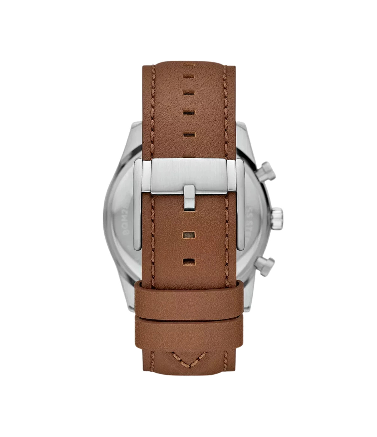BQM2858 Fossil Sullivan Multifunction Brown Leather Watch back view highlighting the brown LiteHide leather strap and engraved case back at time vault