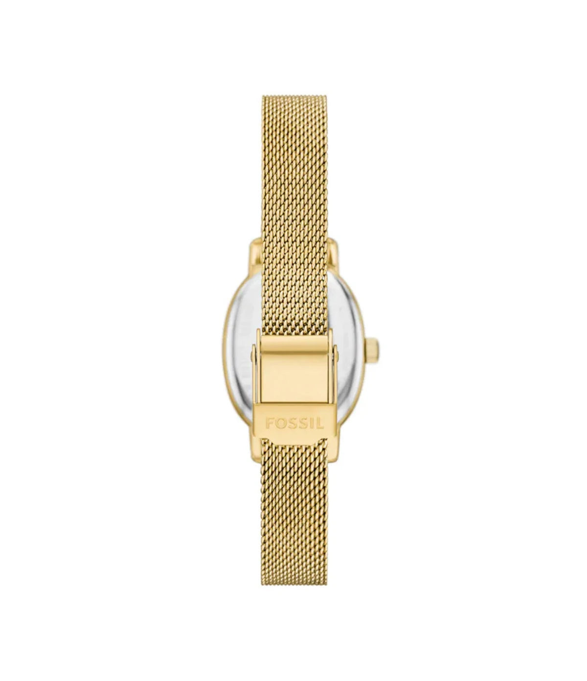 BQW5017 Fossil Penny Three-Hand Gold Stainless Steel Mesh Strap Watch back view highlighting the gold-tone stainless steel milanese mesh bracelet at time vault