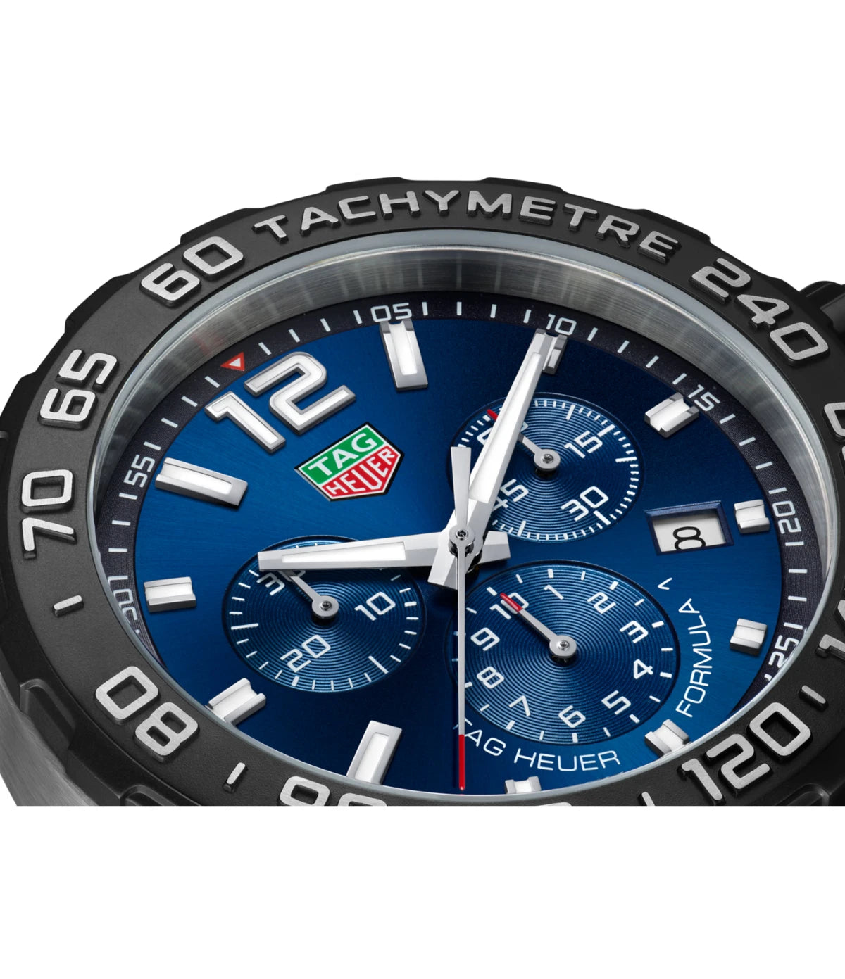 Close-up of the deep blue sunray dial on the TAG Heuer Formula 1 Chronograph CAZ101AV.BA0842 showing three azure subdials with red-tipped hands