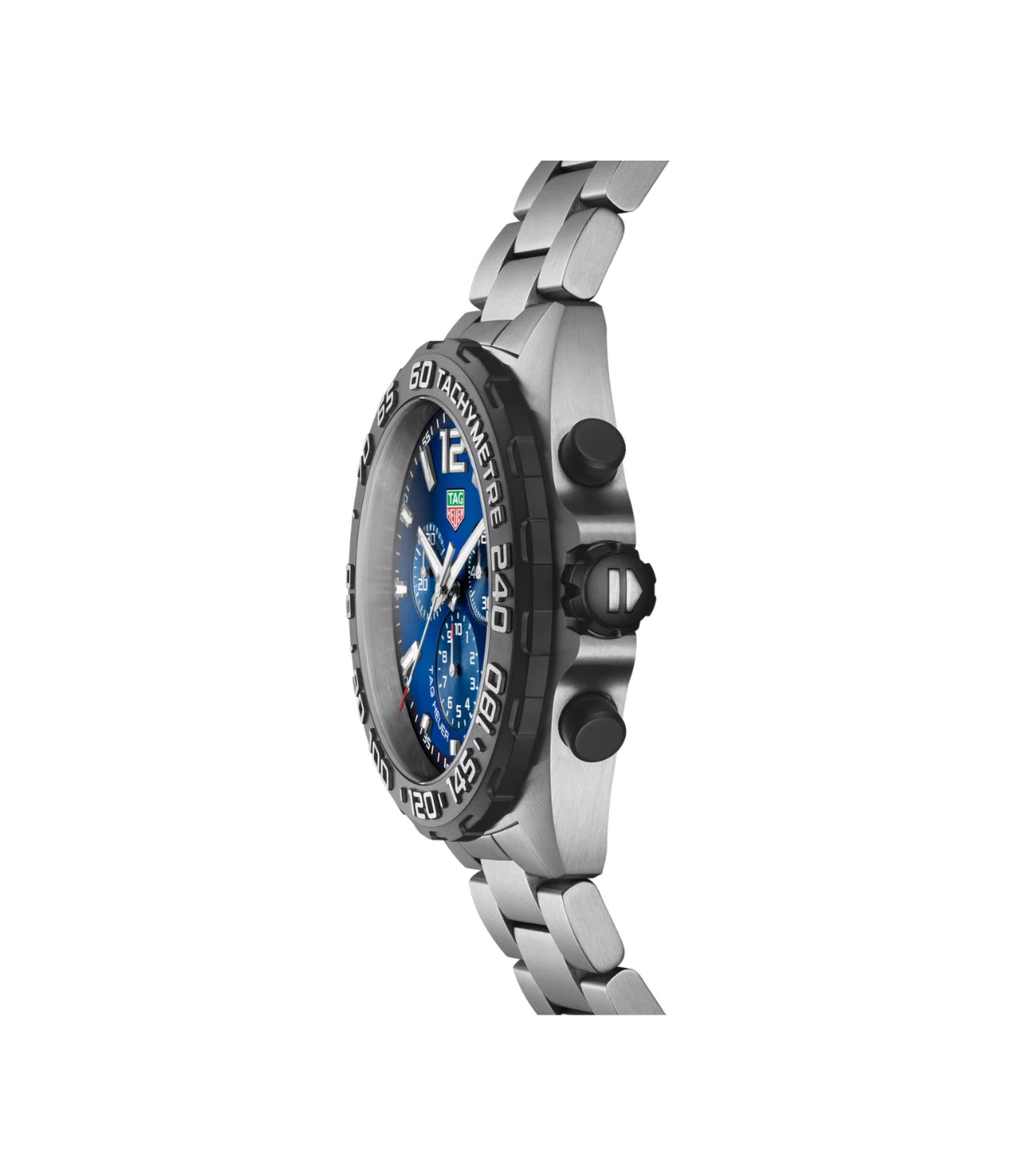 Side profile of the TAG Heuer Formula 1 Chronograph CAZ101AV.BA0842 showing fine-brushed steel case and black PVD-coated crown