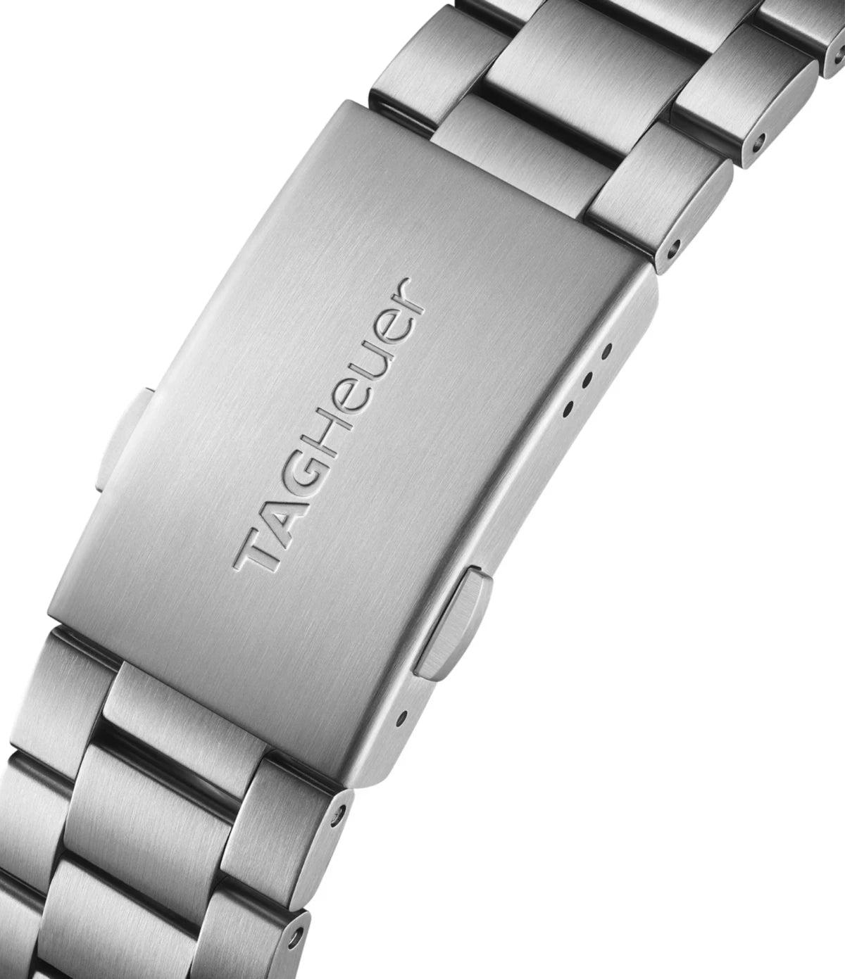 Close-up of the fine-brushed three-row steel bracelet on the TAG Heuer Formula 1 Chronograph CAZ101AV.BA0842 with push-button folding clasp