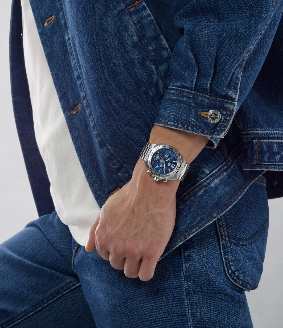 TAG Heuer Formula 1 Chronograph CAZ101K.BA0842 worn on the wrist, showing 43mm case proportions and blue sunray dial