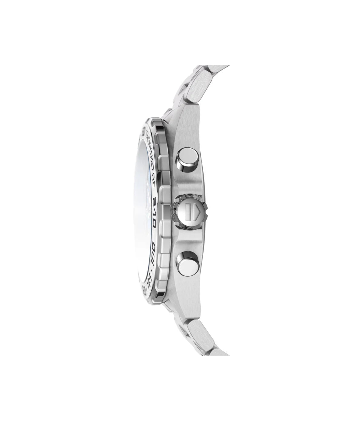 Side profile of the TAG Heuer Formula 1 Chronograph CAZ101K.BA0842 showing fine-brushed steel case and screw-down crown