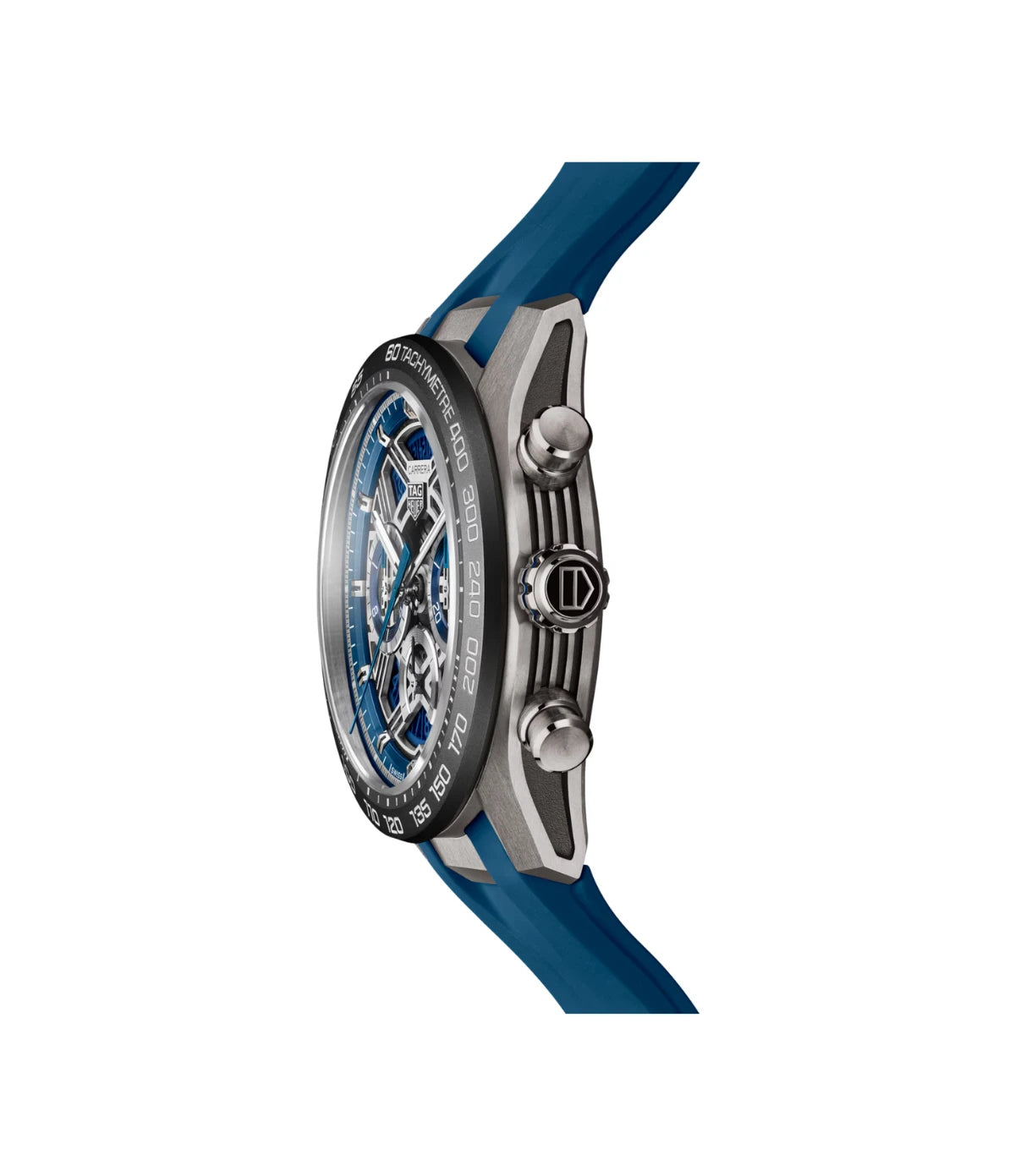 Side profile of the TAG Heuer Carrera Chronograph Extreme Sport CBU2081.FT6274 showing titanium fine-brushed/sand-blasted case with black PVD hollowed side and ceramic bezel